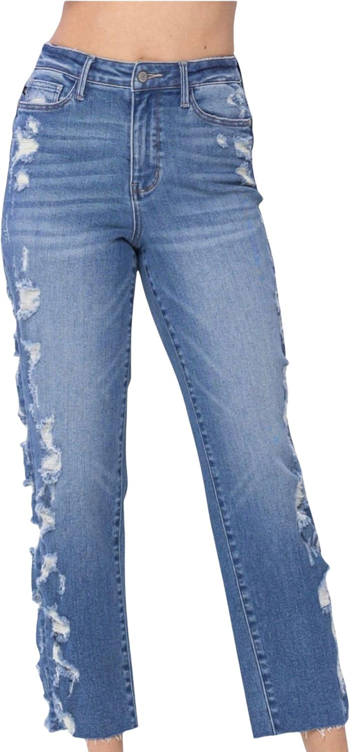 Judy Blue レディース ハイライズ ヘビー デストロイ サイドシーム クロップド ストレート レッグ ジーンズ