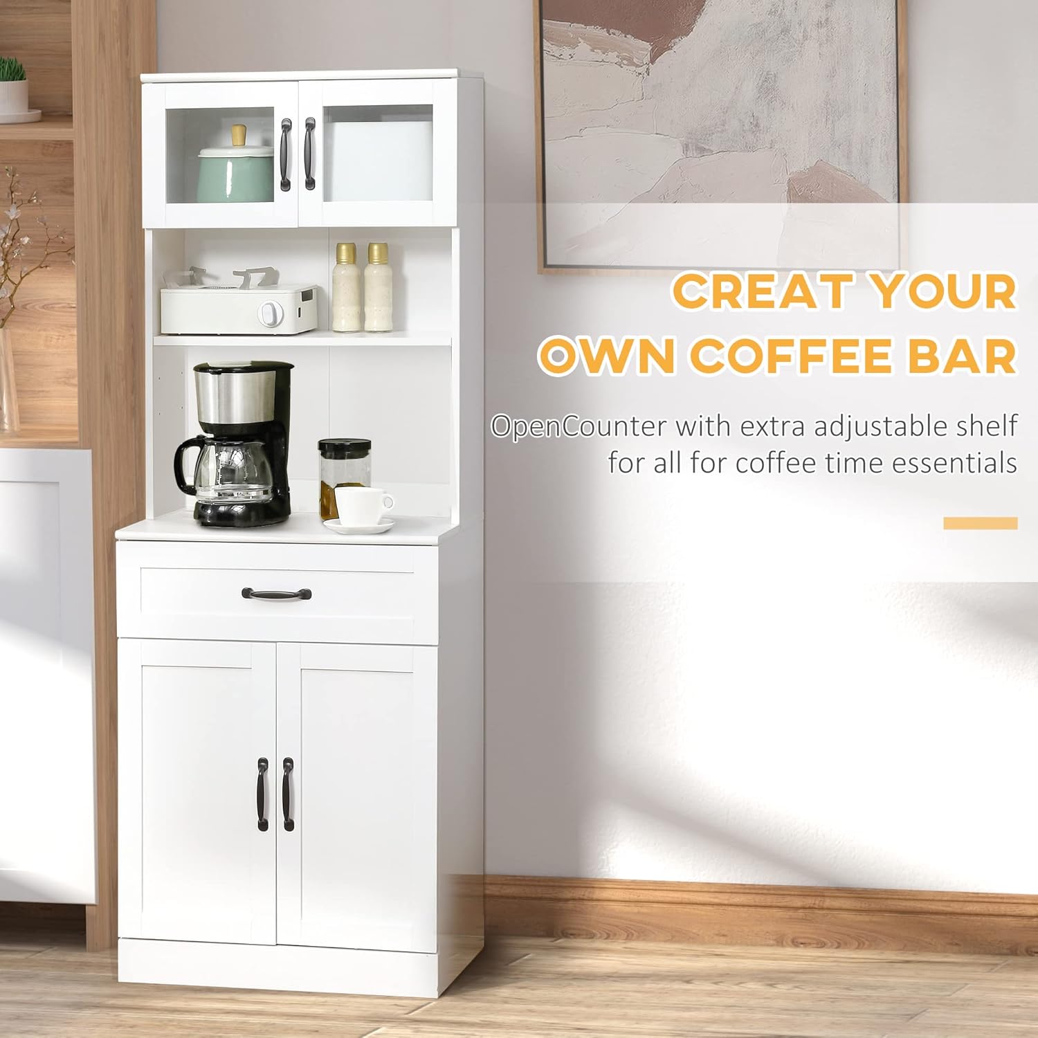 HOMCOM 63.5 Inches Freestanding Kitchen Pantry, 4-Door Buffet Cabinet with Hutch, Coffee Bar Storage Cabinet with Adjustable Shelves, White