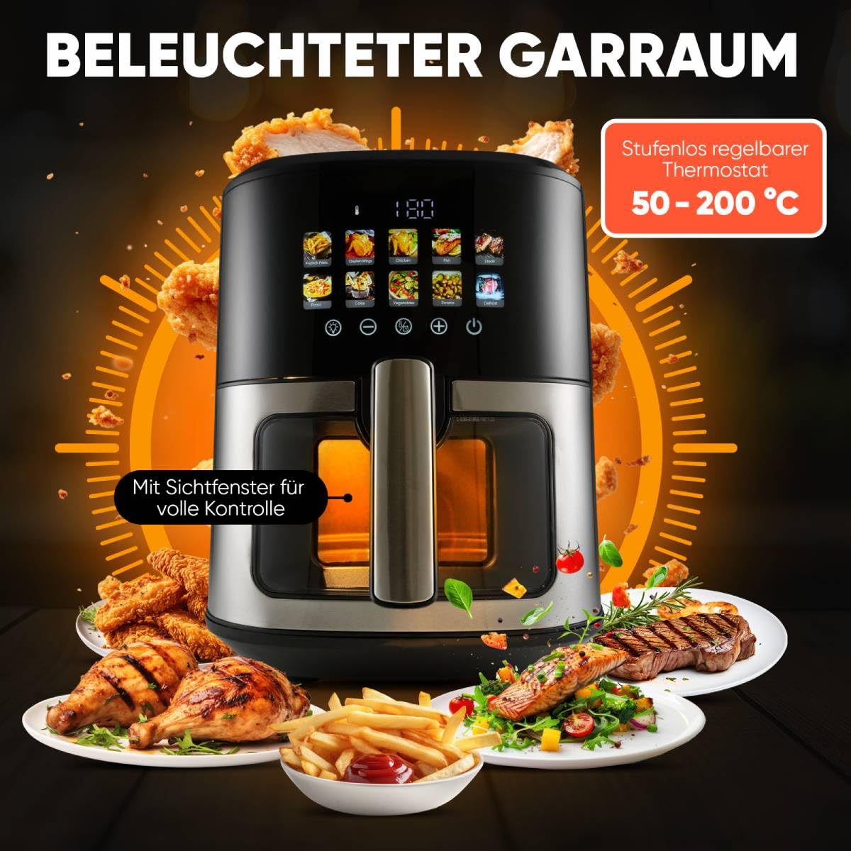 ProfiCook® Heißluftfritteuse 6,5L | Zubereitung ohne Öl oder Fett | Airfryer mit Color-Display | Heissluftfritteuse 9 Programme | 50-200°C | Air Fryer 1700W | Heißluftfritteuse XXL | PC FR 1286 H