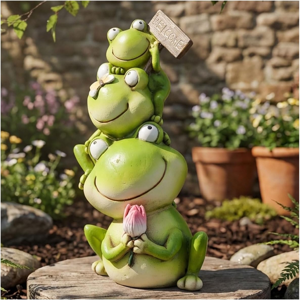 Stacked Frog Figurine Set - 3-Tier Resin Frogs with Welcome Sign & Lotus, Whimsical Indoor/Outdoor Decor for Garden, Desk & Porch