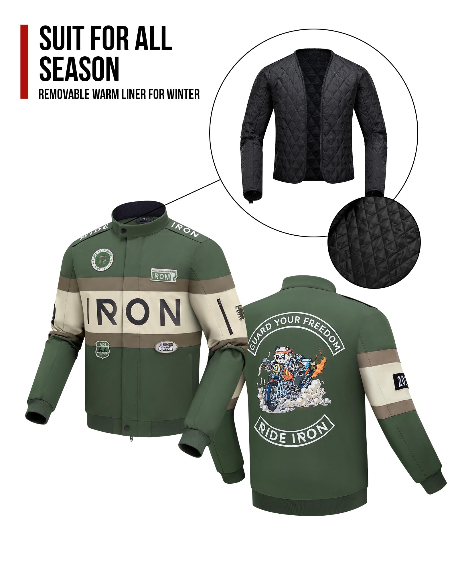 RIDEIRON Motorradjacke Herren mit Protektoren CE – Textil Biker Jacke mit Thermofutter, Stickerei Design, Winddicht Atmungsaktiv, Touring Motorrad Jacke für Frühling Herbst Winter M-XXL
