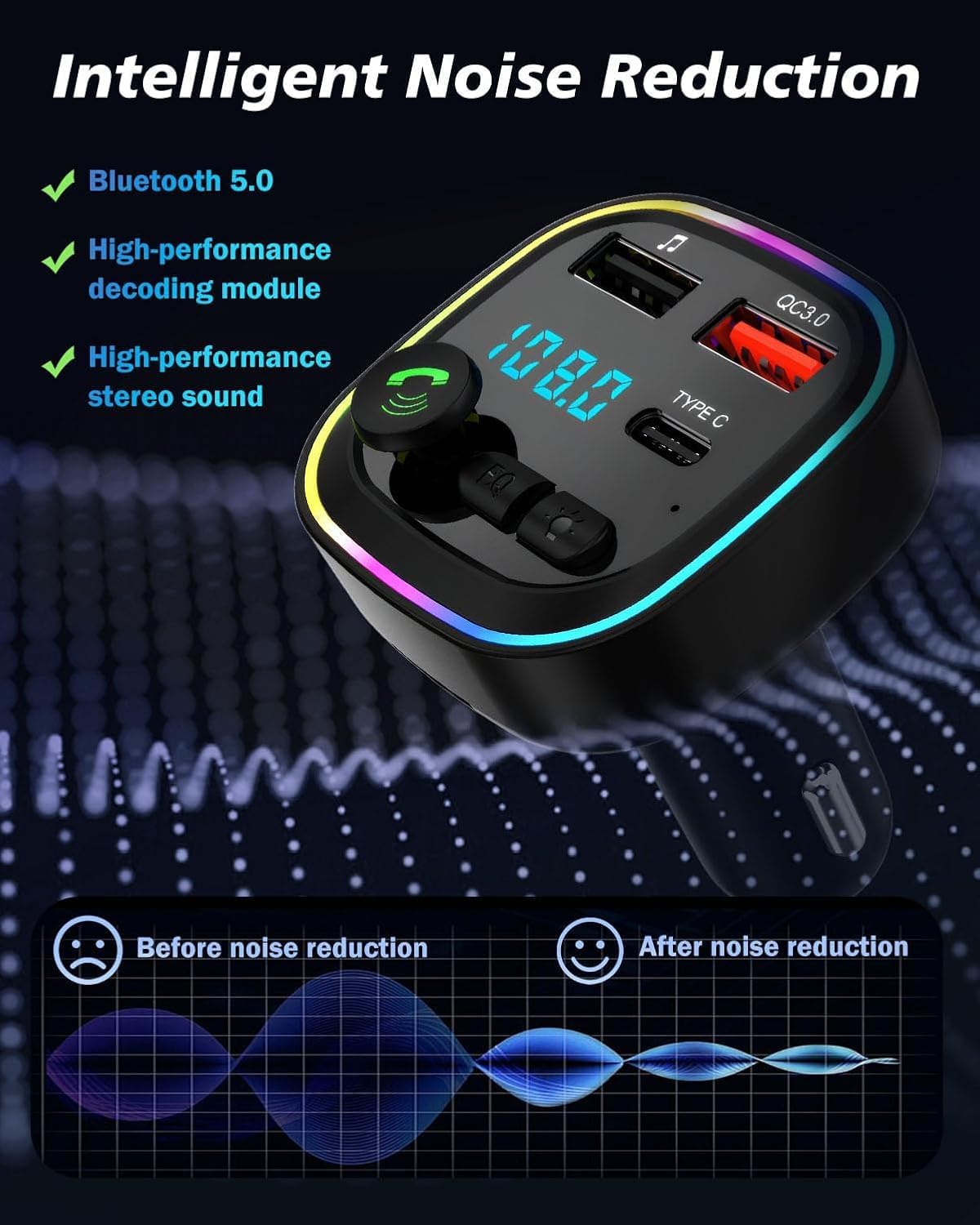 Car Bluetooth Transmitter,5.3 FM Bluetooth Car Adapter,PD 20W & QC 3.0 Fast Charging,FM Bluetooth Transmitter Dual Usb+1 Type-C,Hands Free Calling FM Transmitter Bluetooth,Supports USB/TF/SD — view 3