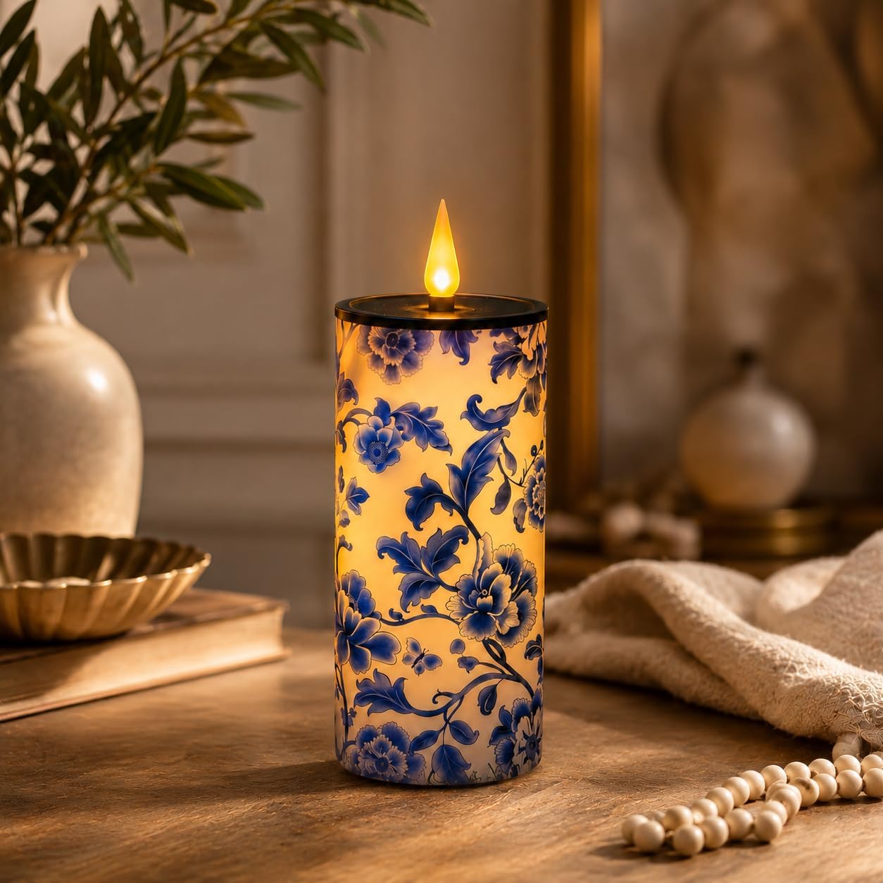 9.4" Solar USB Rechargeable Flameless LED Candle, Blue Floral Print