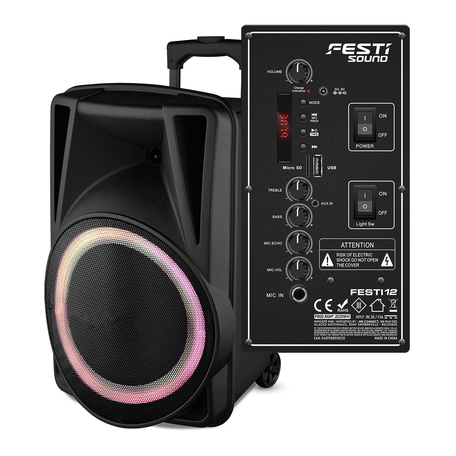 Enceinte Active 600W avec USB, Bluetooth + Jeux DE Lumiere ASTROBALL + Micro sans Fil PA DJ Sono LED Soiree Famille Karaoke