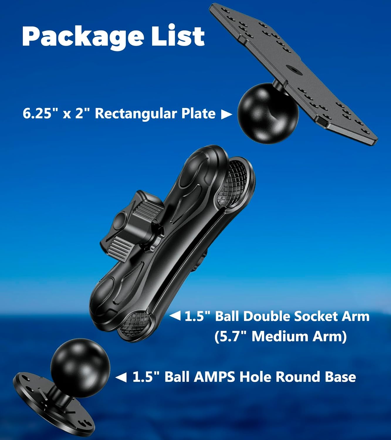 Aluminum Alloy Fish Finder Mount with C Size 1.5" Ball Rectangular Plate & Round Base, 5.7" Medium Arm Marine Electronic Mount Compatible with Garmin, Lowrance, Humminbird, Raymarine and More