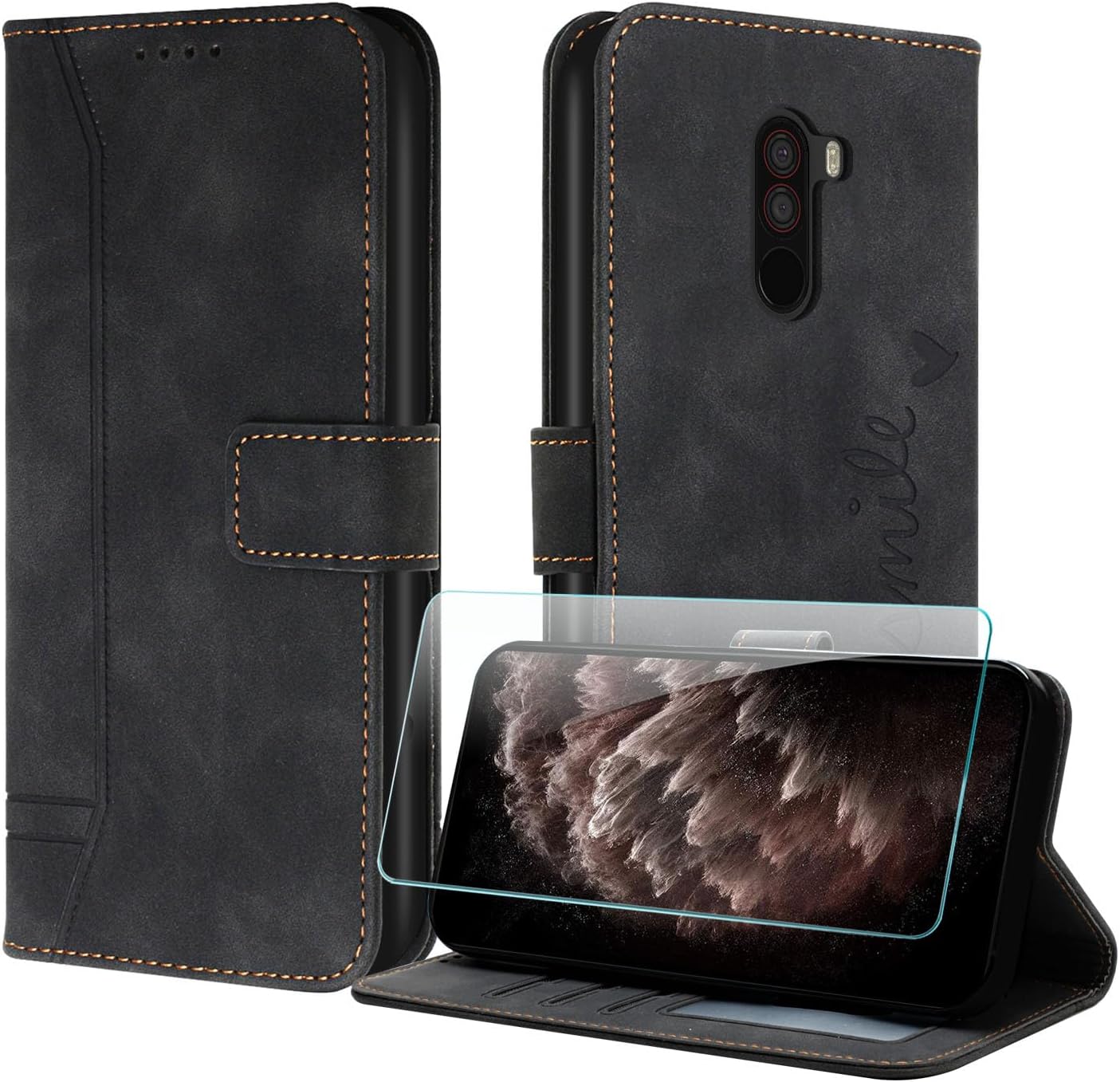Compatible with Xiaomi mi Pocophone F1 Case, Premium Leather Flip Wallet Cover with [1 Screen Protector] Card Holder Magnetic Closure Stand Function for mi Pocophone F1 Black