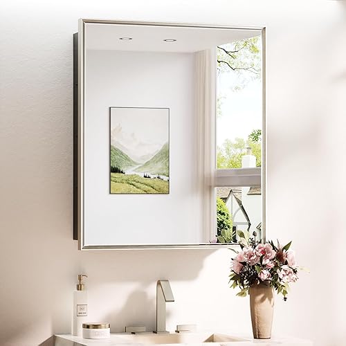 Miniatura 16 de TokeShimi Botiquín empotrado de 26 x 30 pulgadas con espejo montado en la pared, espejo biselado de metal con almacenamiento para tocador de baño