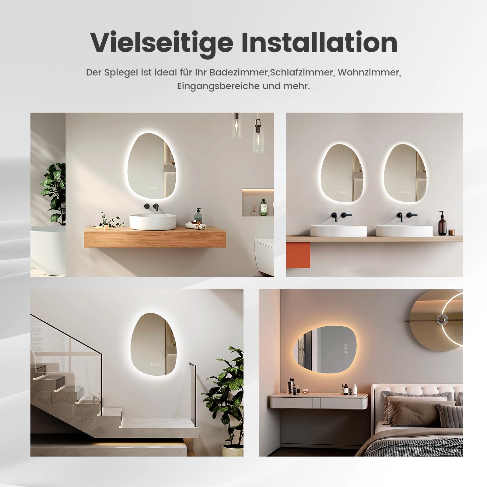 EMKE Specchio da bagno con illuminazione, 75 x 55 cm, specchio asimmetrico con touch, 3 colori di luce, dimmerabile, senza appannamento, specchio da bagno con illuminazione IP44, risparmio energetico