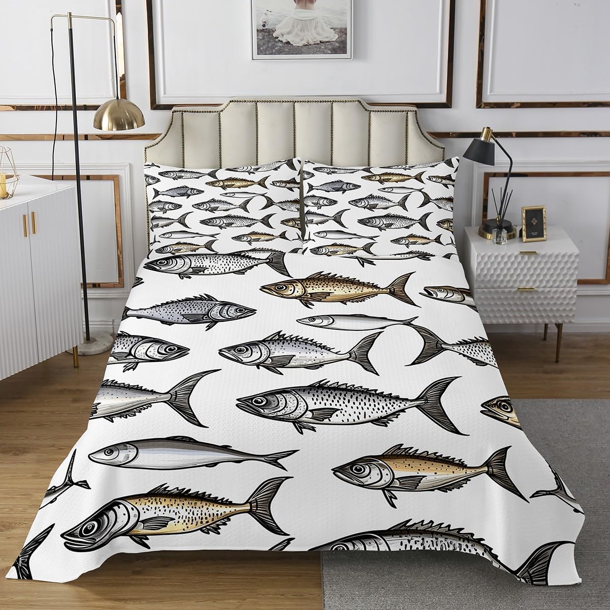 Manfei Fish Bedspread Twin Size,Fishing and Hunting Bedding Set 2pcs for Kids Teens Living Room Decor,Sketch Black White Sealife Quilted Coverlet Soft Breathable with 1 Pillowcase