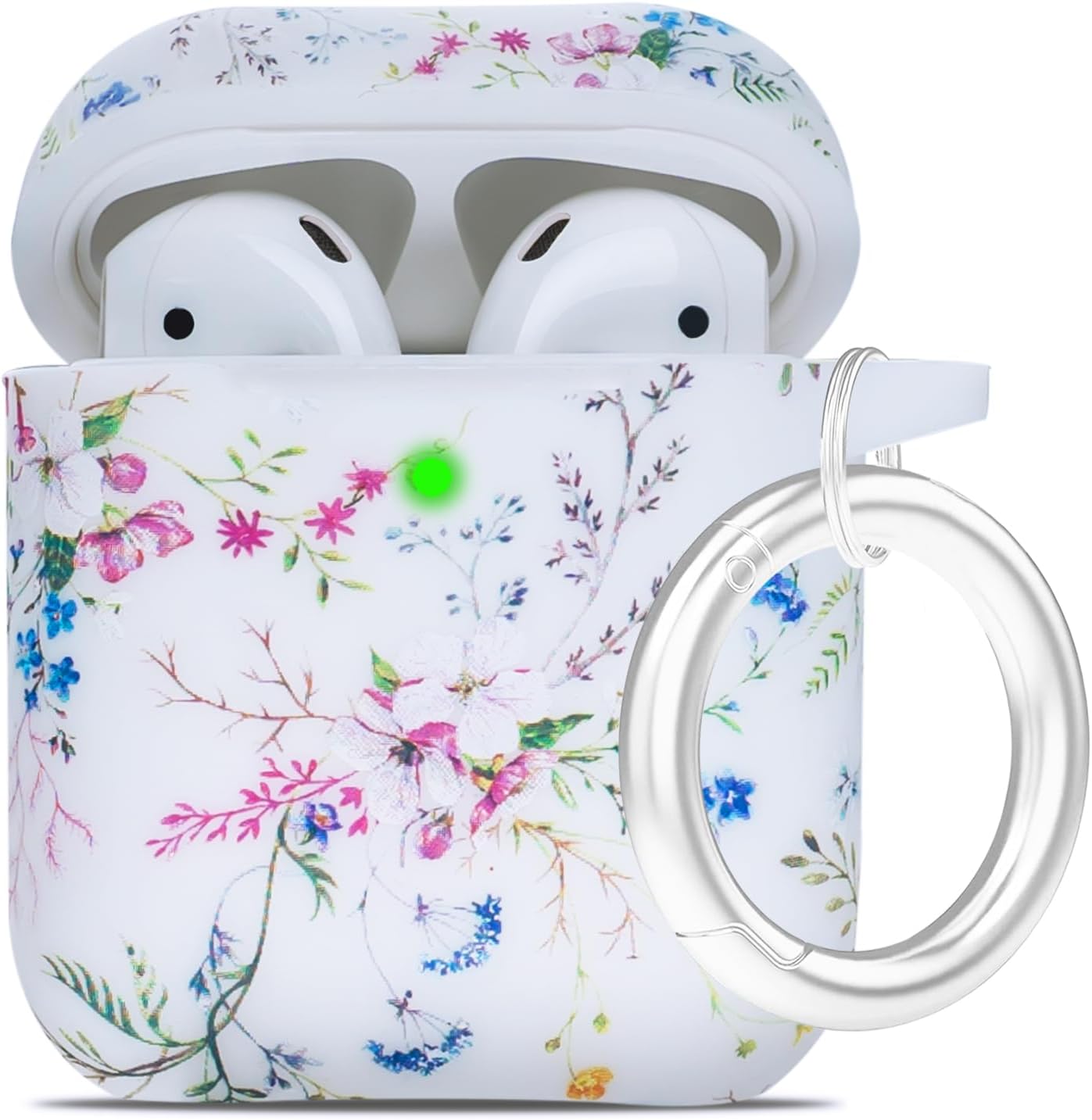 AirPods Case, Soft Silicone Flexible Skin Cover for Apple AirPods 2 & 1, Cute for Girls, Protective Skin with Keychain (White Flower)