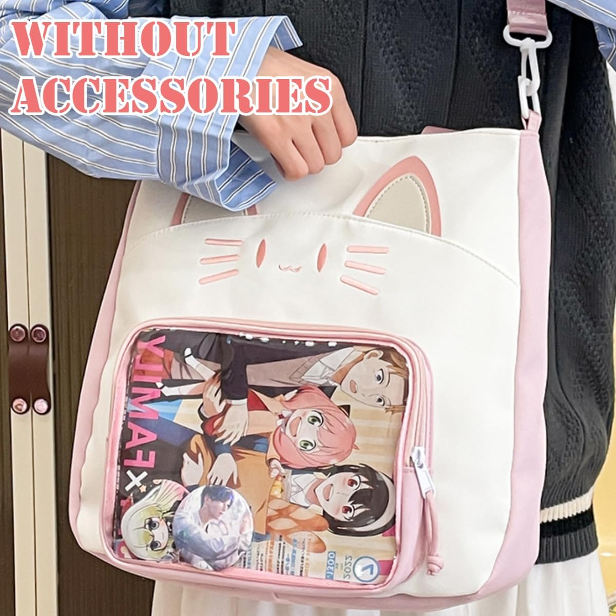 knictto かわいい猫イタバッグ インサート付き 大容量 ピンディスプレイバッグ クロスボディ Y2K アニメコスプレ用 反射