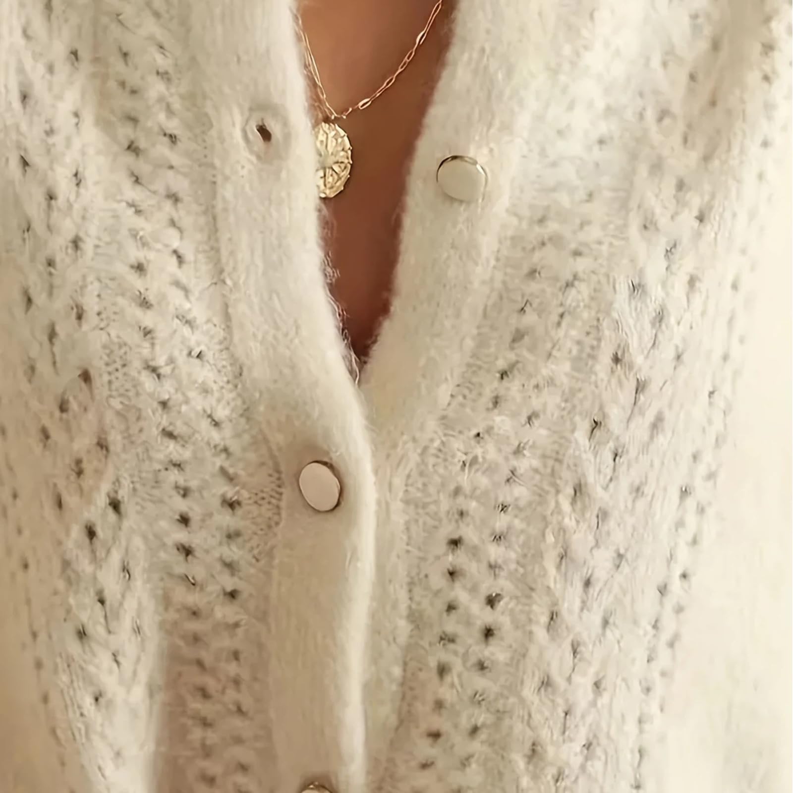 Cardigan Donna Girocollo Bottone Maglia Traforata Maniche Lunghe