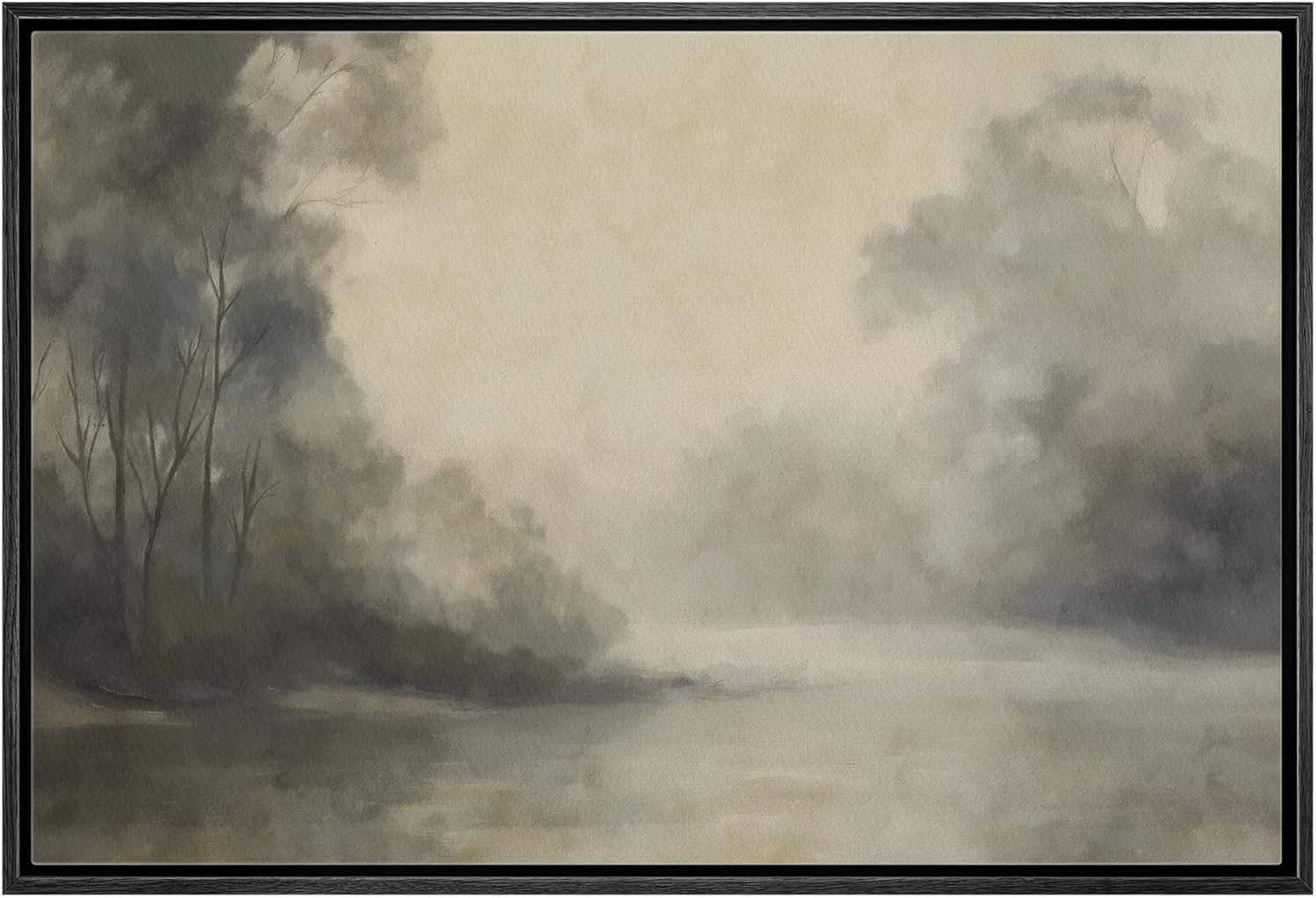 wall26 Framed Canvas Print Wall Art Misty Forest Serene Landscape in Neutral Tones Digital Art Realism Decorative Farmhouse Zen Rustic Multicolor for Living Room, Bedroom, Office - 24"x36" Black