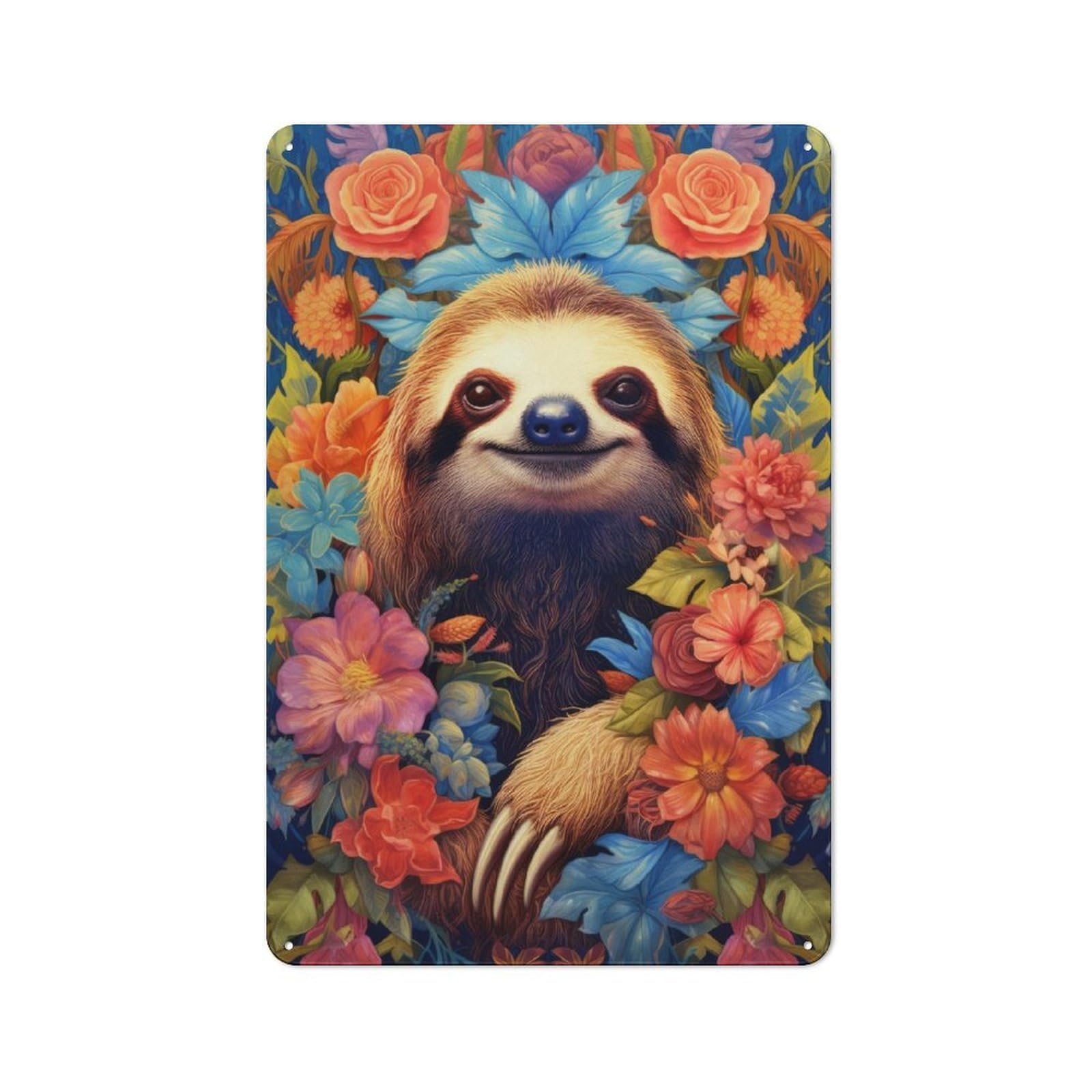 Junmoney Sloth Flower Portrait For Man Cave Or Games Room, Retro Metal Plaque 30X20cm, For Metal Sign Collectors, For Garage And Workshop Walls