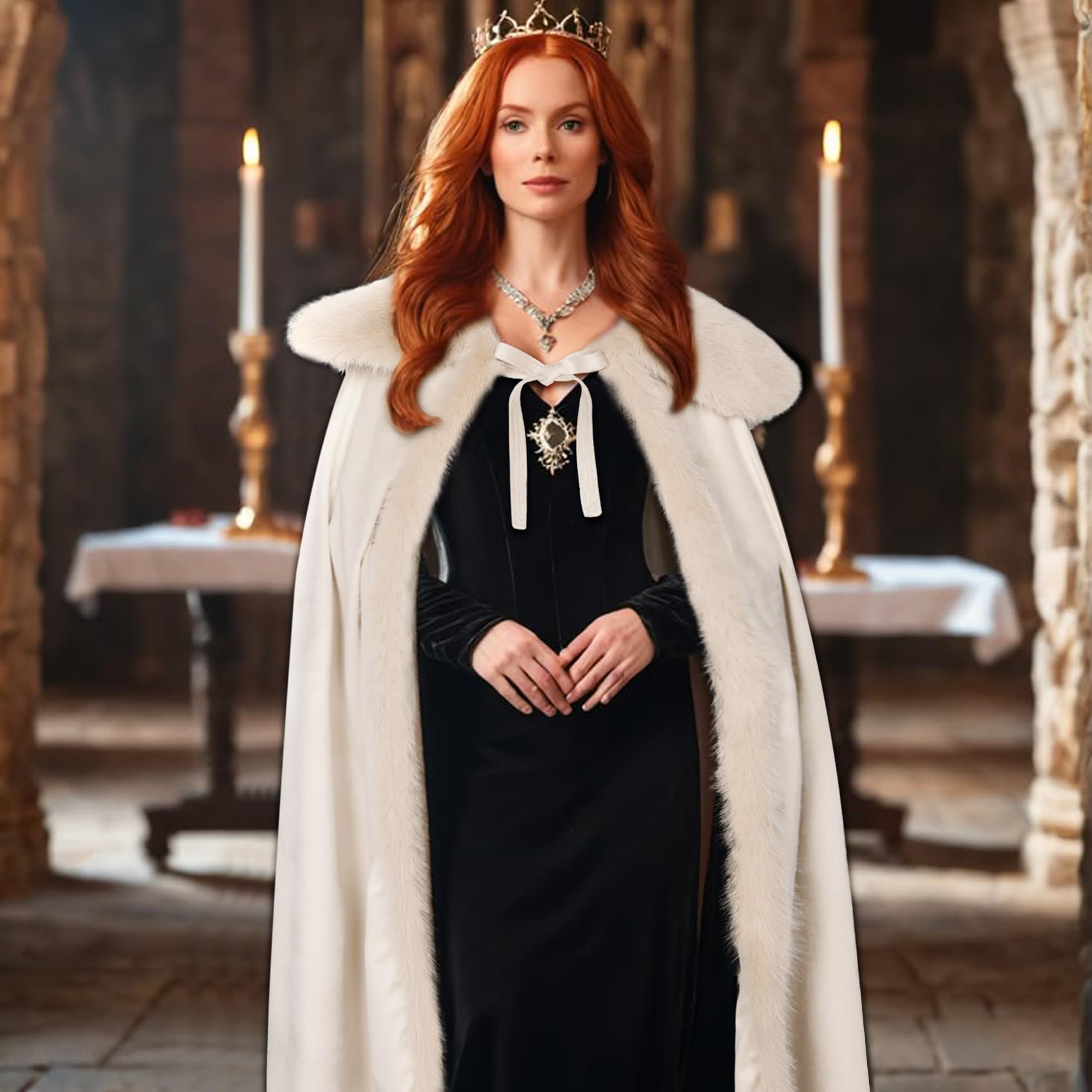 keland Renaissance - Capa de terciopelo con cuello de piel vikinga para mujer, disfraz de Halloween