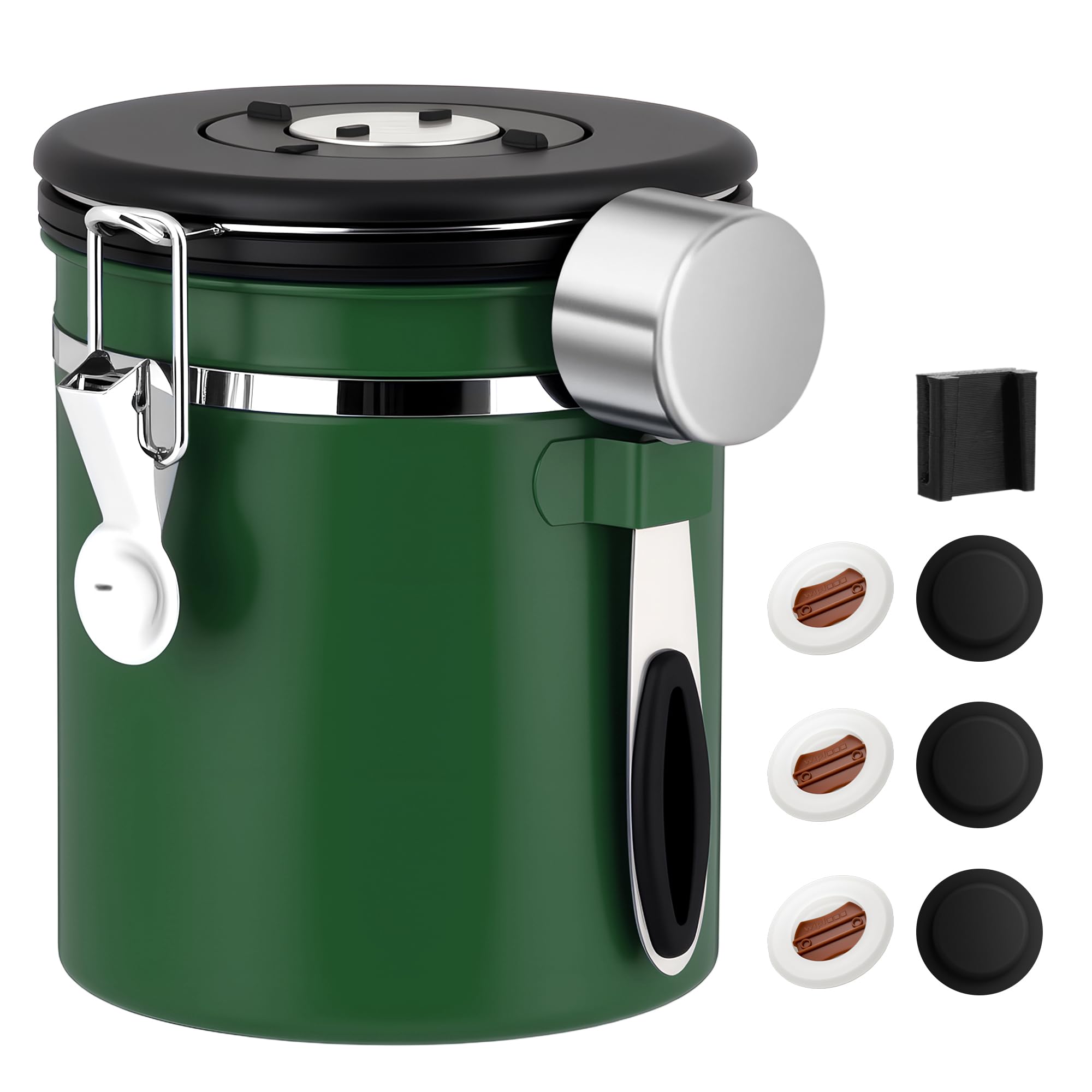 ShanSon Coffee Canister Airtight, Stainless Steel Bean Storage Container with Date Tracker &amp; Scoop, Grounds Sugar Flour Tea Cereal Fits Kitchen Pantry, Ideal Gift for Coffee Lovers,16oz, Dark Green