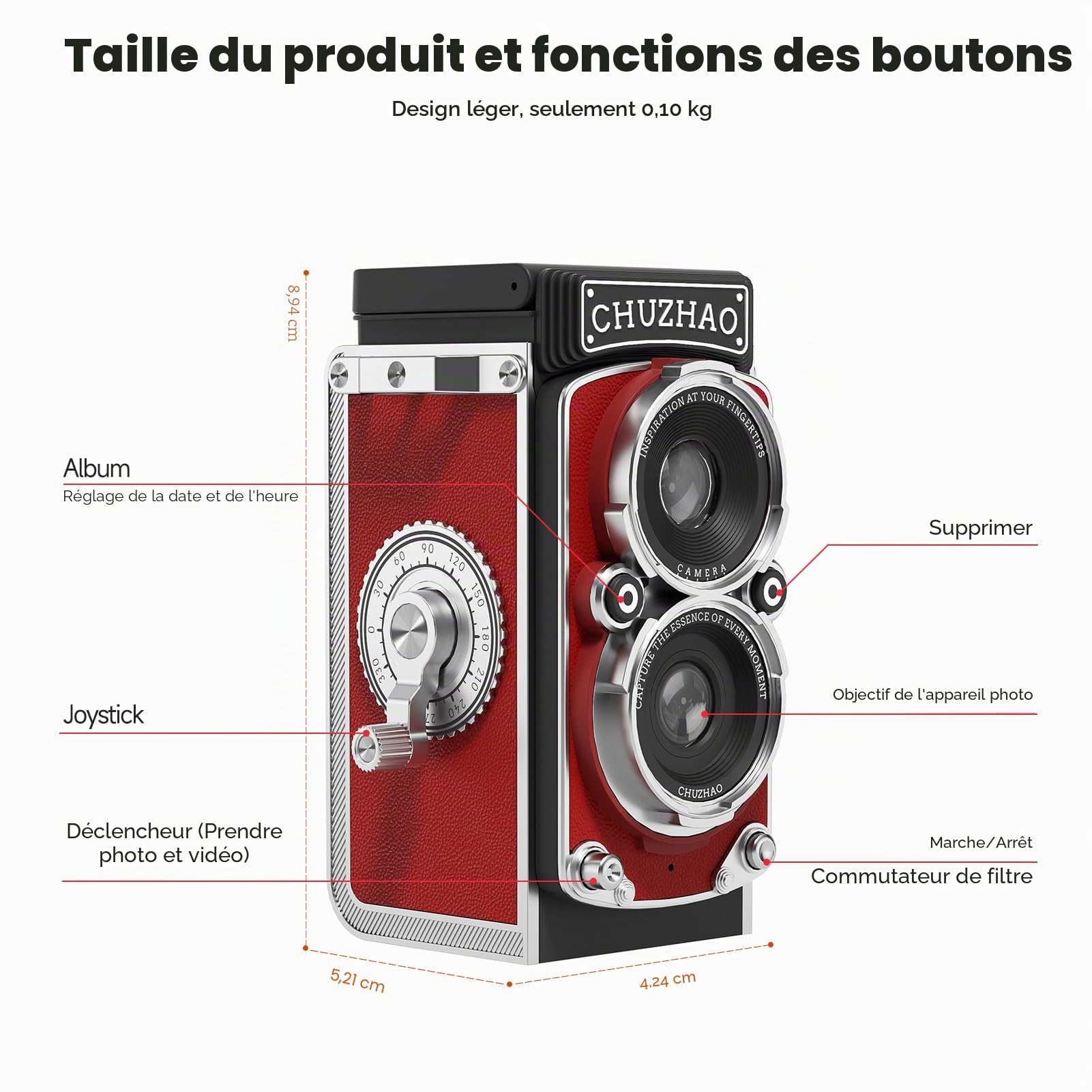 CHUZHAO Mini Appareil Photo Vintage Numérique avec Réglage de l'Heure, Portable TLR Style Rétro 1080P FHD Vidéo 12MP Photos Autofocus Compact avec Carte 16Go pour Adolescents, Rouge