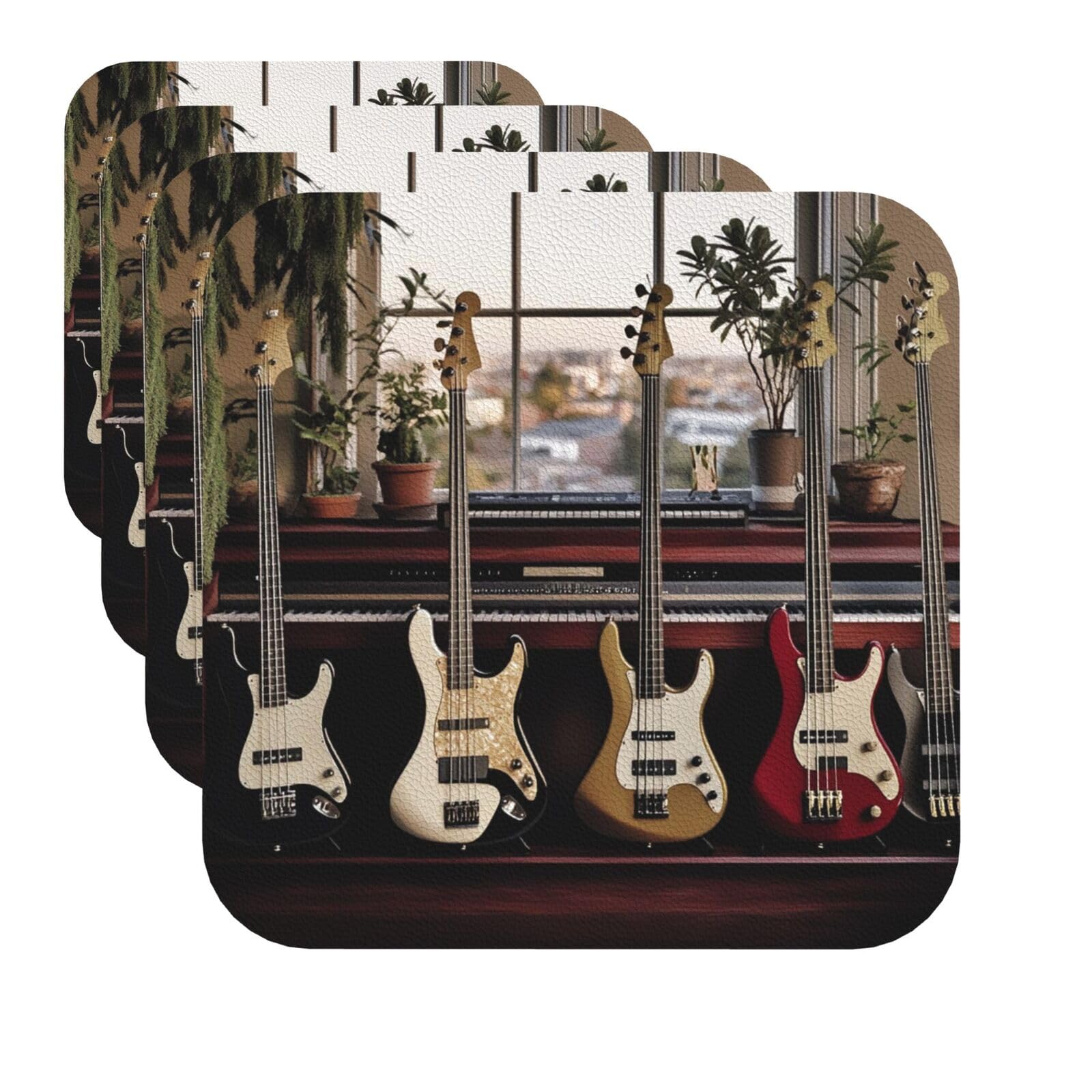 Drink Coasters Set of 4 Quick-Dry Leather Coaster Guitar Bass Music Musical Instruments Coasters for Drinks Coffee Cup Mat Tabletop Protection Heat Resistant Coaster for Kitchen Bar Office Home Decor