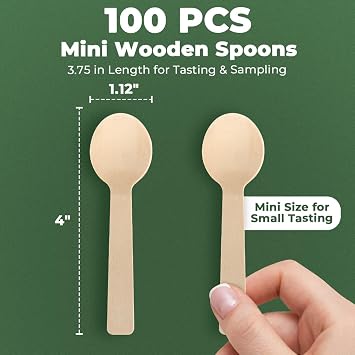 LotFancy Mini Wooden Spoons, Pack of 100, 4 inch Length, Disposable Tasting Sampling Spoons, Biodegradable Compostable Eco-friendly Birchwood Taster Spoons