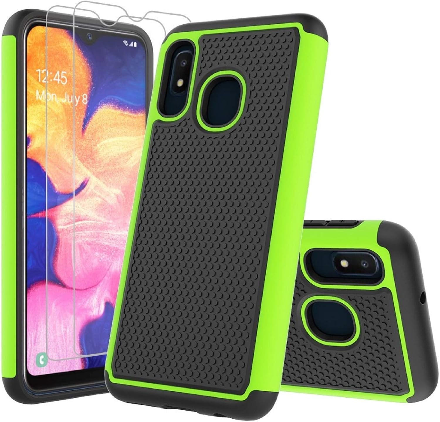 Galaxy A10e Case with 2 x Screen Protector, Galaxy A10e Cover, Jeylly Shockproof Dual Layer Armor Defender Scratch Absorbing Hybrid Rubber Plastic Phone Case Cover for Galaxy A10e - Green