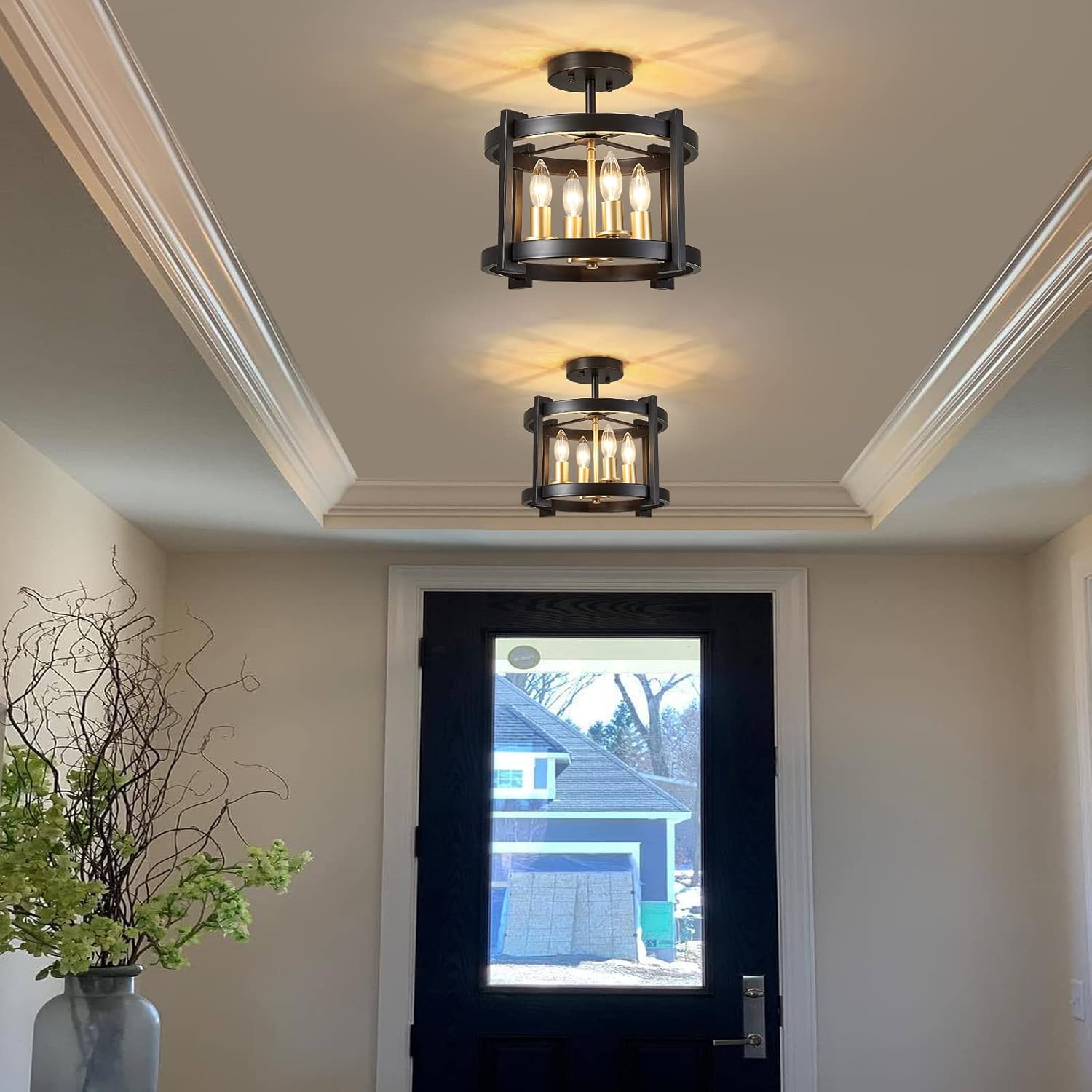 4-Light Semi Ceiling Light Flush Mount BK+GD Farmhouse Rustic Vintage Antique Ceiling Light Fixture for Hallway Entryway Gazebo Kitchen Dining Room Bedroom UL Listed