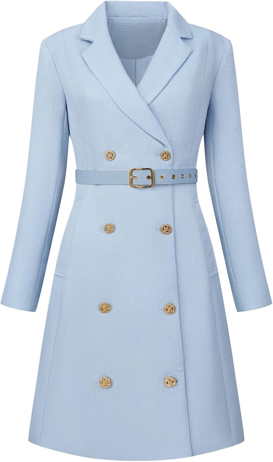 Women's Tweed Dress Double Breasted Long Sleeve Blazer Dress with Belt