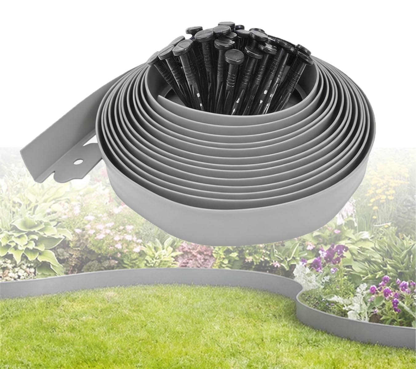 Flexible Garden Edging Borders 10m, Lawn Edging Height 10cm Plastic Garden Edging Border Kit with 30pcs Garden Pegs, No-Dig Path Edging for Grass Flower Bed Cobblestone (Grey)