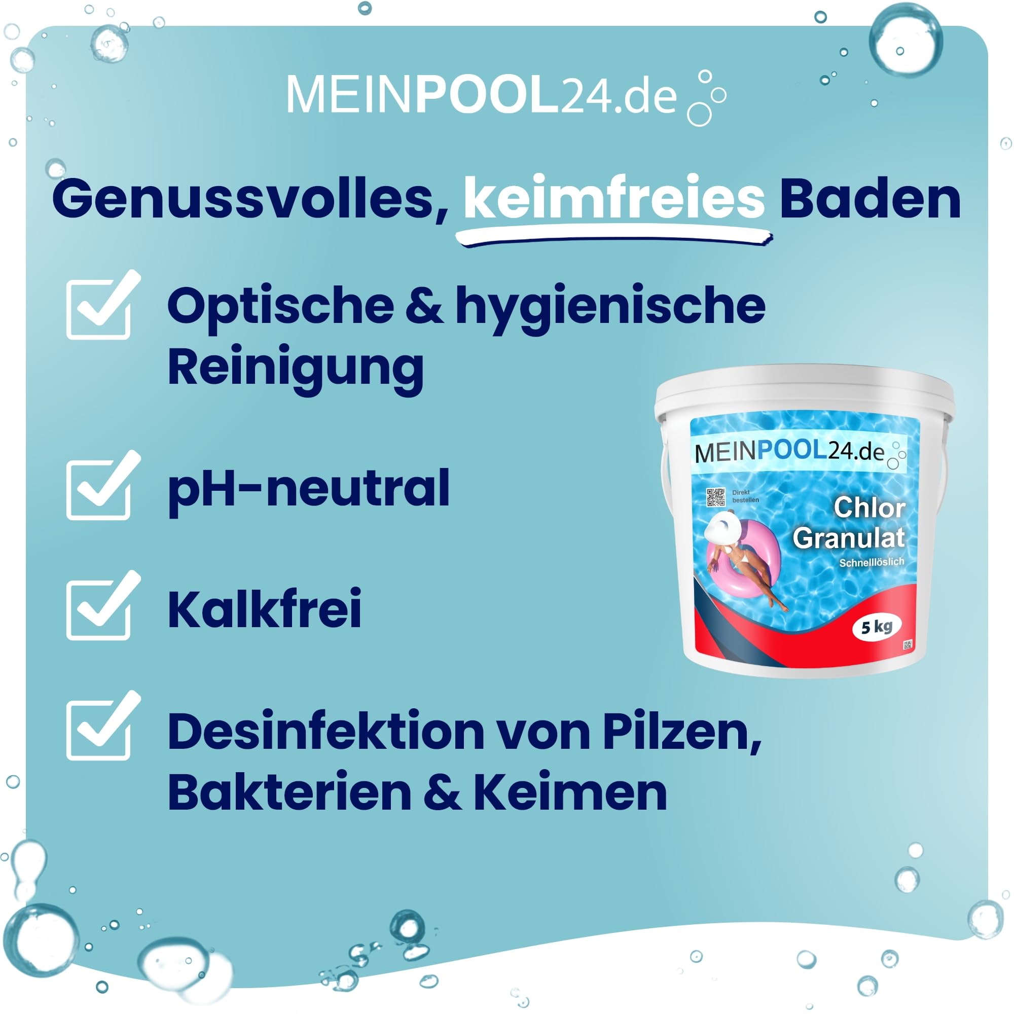 5 kg MEINPOOL24.DE Chlorgranulat schnelllöslich 56% AKTIVCHLOR POOLCHEMIE - Deutsche Markenqualität - Sichere und schnelle Desinfektion - für Pools, Aufstellpools, Whirlpools, Planschbecken