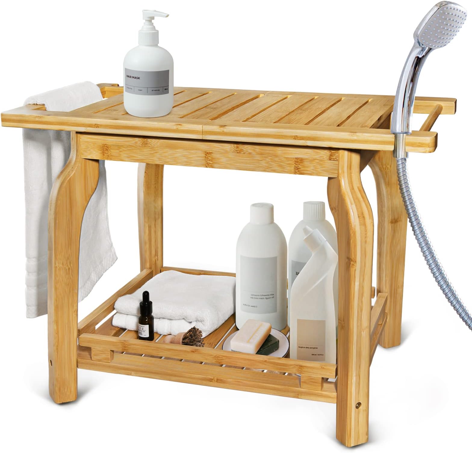 2-Tier Bamboo Shower Bench for Inside Shower Shaving Legs, 16 Inch Waterproof Bathroom Bench Shower Stool with Storage Shelf, Safe & Stable for Seniors Adults Disabled Women