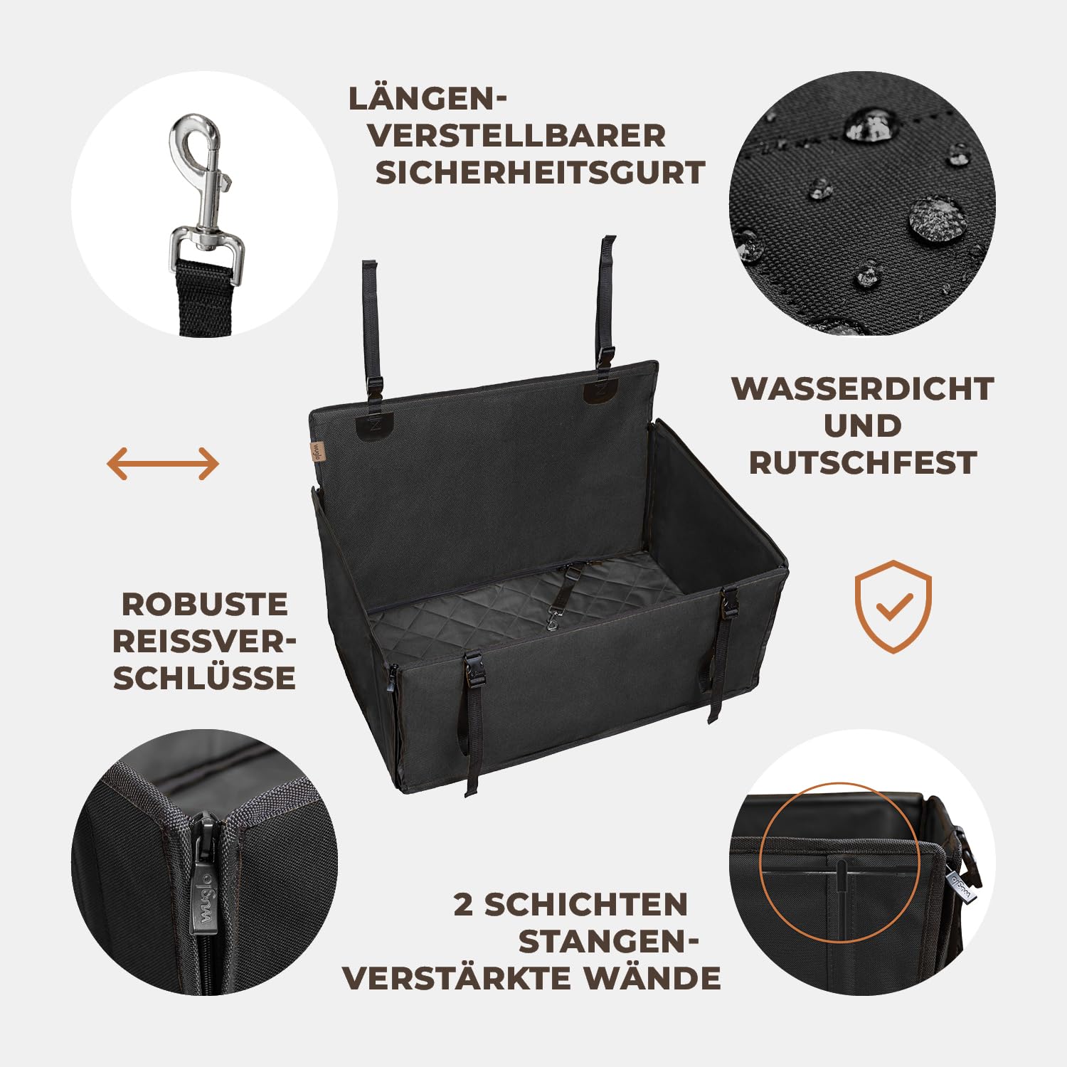 WUGLO Extra Stabiler Hunde Autositz mit Sicherheitsgurt – Wasserdichter und Robuster Autositz Hund für den Rücksitz mit 4 Befestigungsgurten, geeignet für große Hunde bis 26 kg