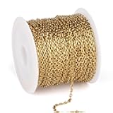 33 Feet Gold Rolo Cable Chain Bulk, 1.5mm 18K Gold PVD Plated 304 Stainless Steel Diamond-Cut Oval Rolo Cable Link Chains Roll Spool for Jewelry Making