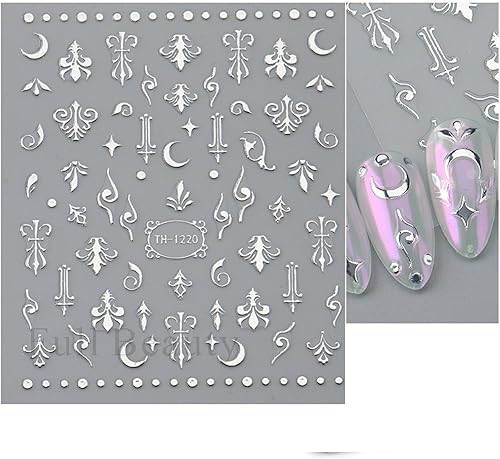 Miniatura 4 de 8 hojas de calcomanías plateadas para arte de uñas, alas de ángel, cruces, calcomanías de sol, estrellas, luna, tótem, calcomanías de uñas