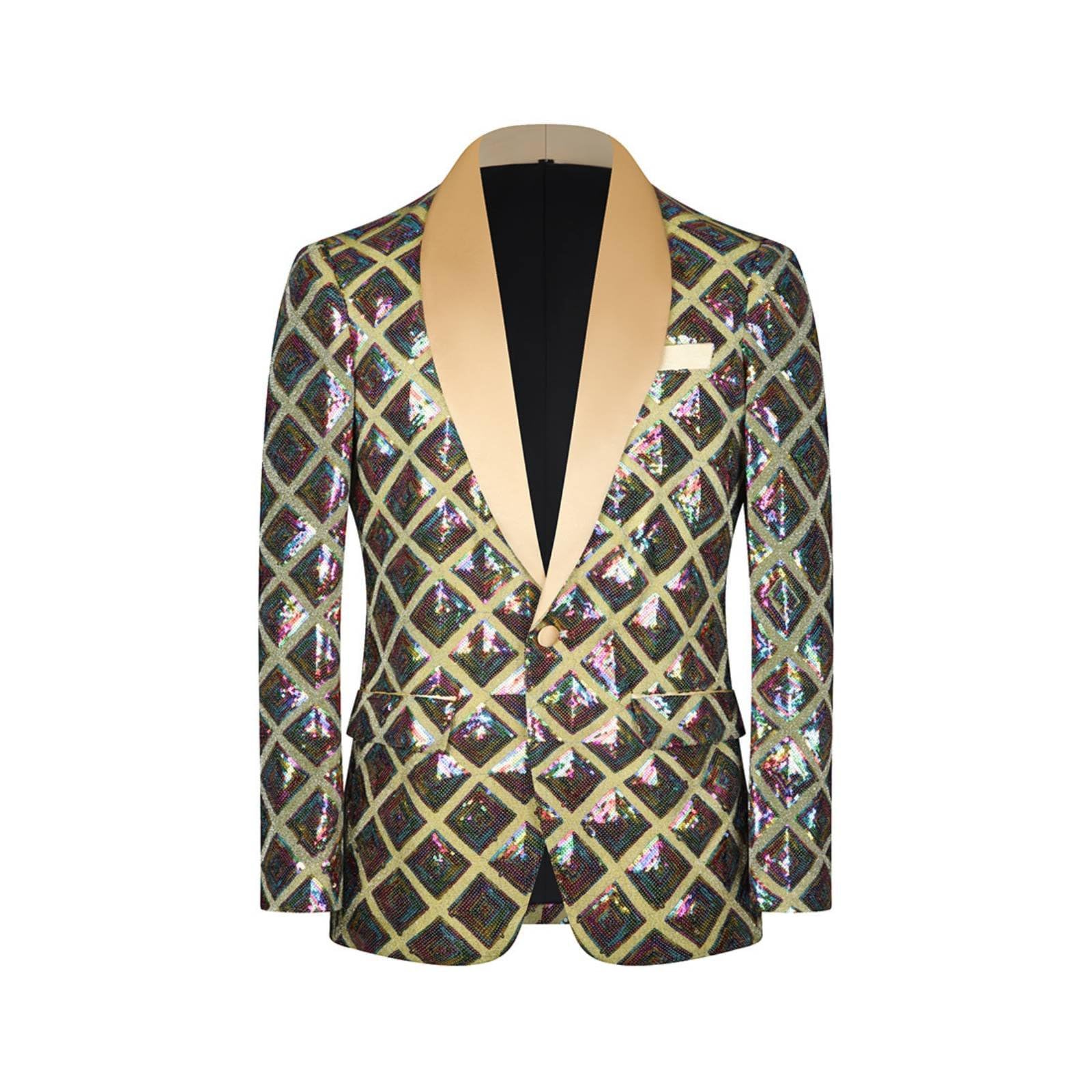 Giacca da Uomo con Paillettes Design Elegante Jacket Paillettes Monopetto Giacca Dinner Jacket Brillante per Artisti, Presentatori, Palcoscenico, Oro, S