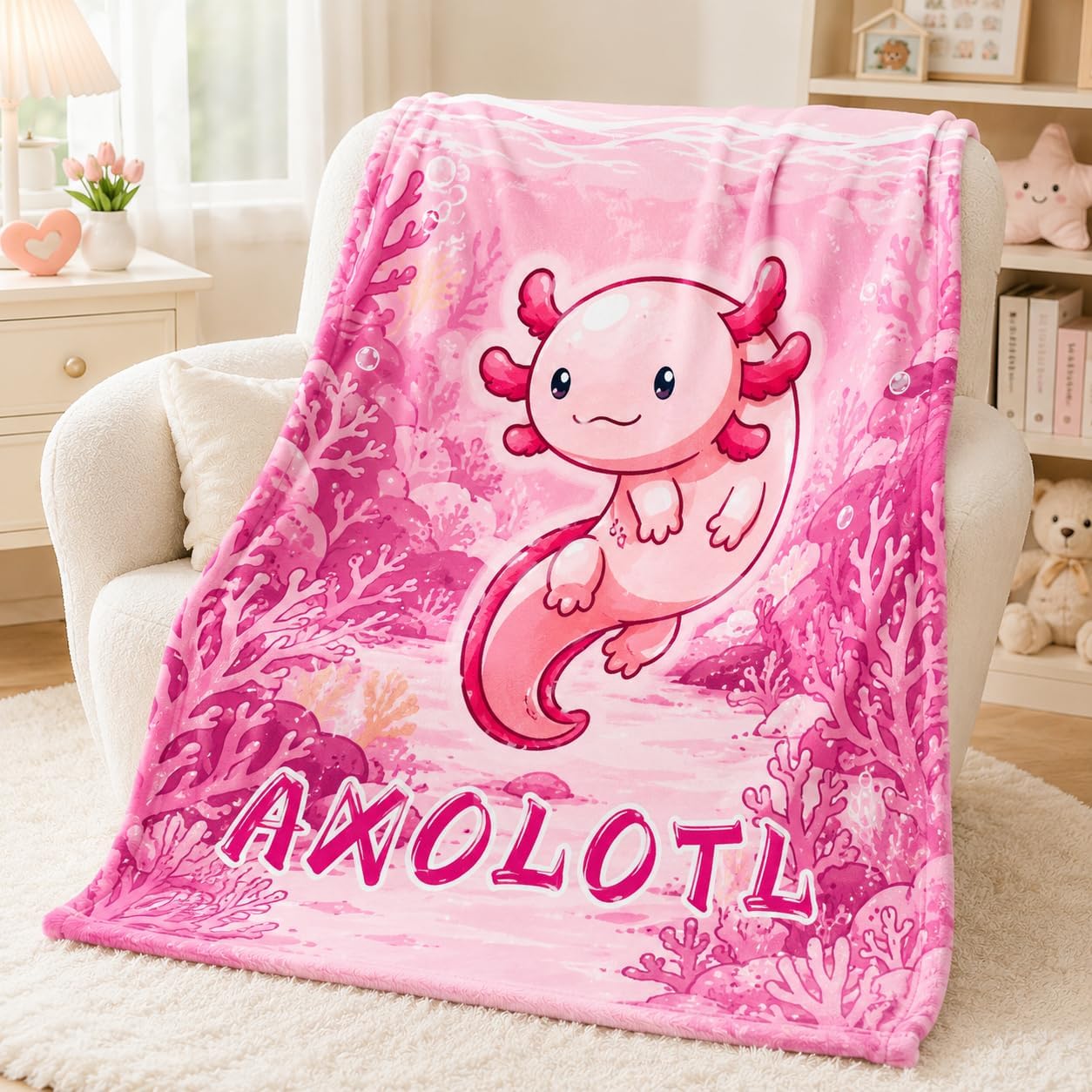 Axolotl Blanket for Girls Kids, Pink Flannel Throw Blanket 40x50 Inch, Cute Salamander Gifts for Axolotl Lovers, Soft Lightweight Blanket for Bed Sofa Travel Camping
