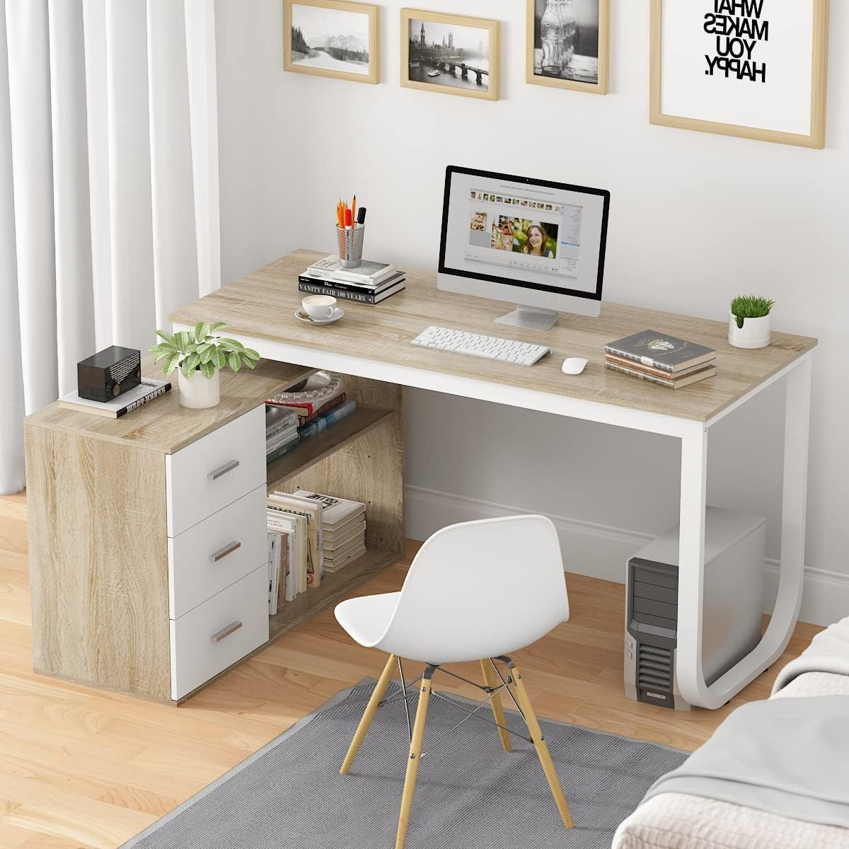 An L-shaped desk with a computer setup, showing the spacious desktop and integrated storage.