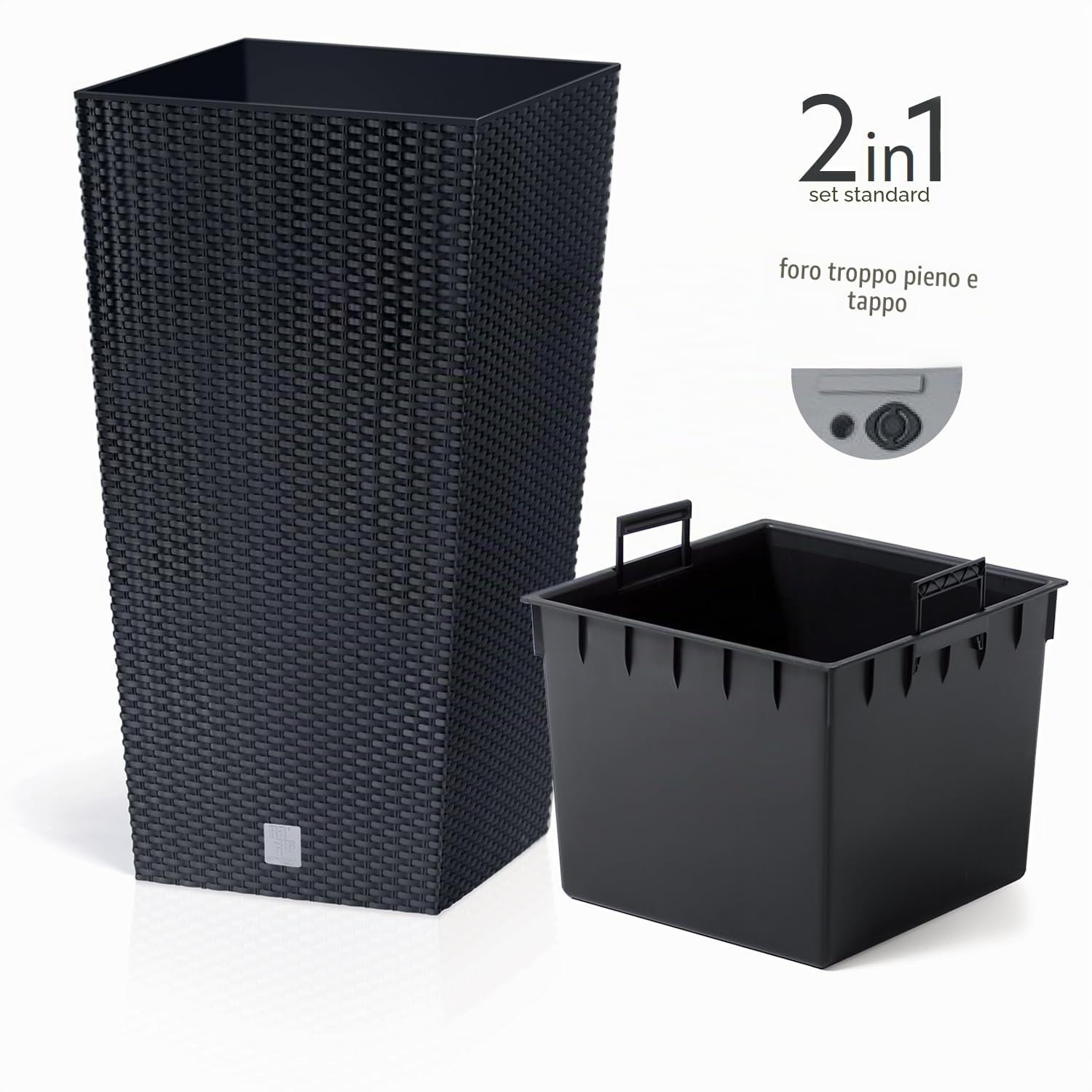 IMJ-Global Vaso Fioriera per piante Fiori DRTS Grande H61 Simil Rattan da interno esterno Quadrato Alto Nero 49 Litri 32,5x32,5x61 cm design Moderno in plastica da balcone