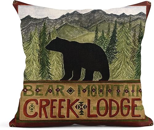 Miniatura 4 de rouihot Juego de 4 fundas cuadradas de lino para almohadones de 18 x 18 pulgadas, diseño de oso de alce, montaña, decoración del hogar, fundas de