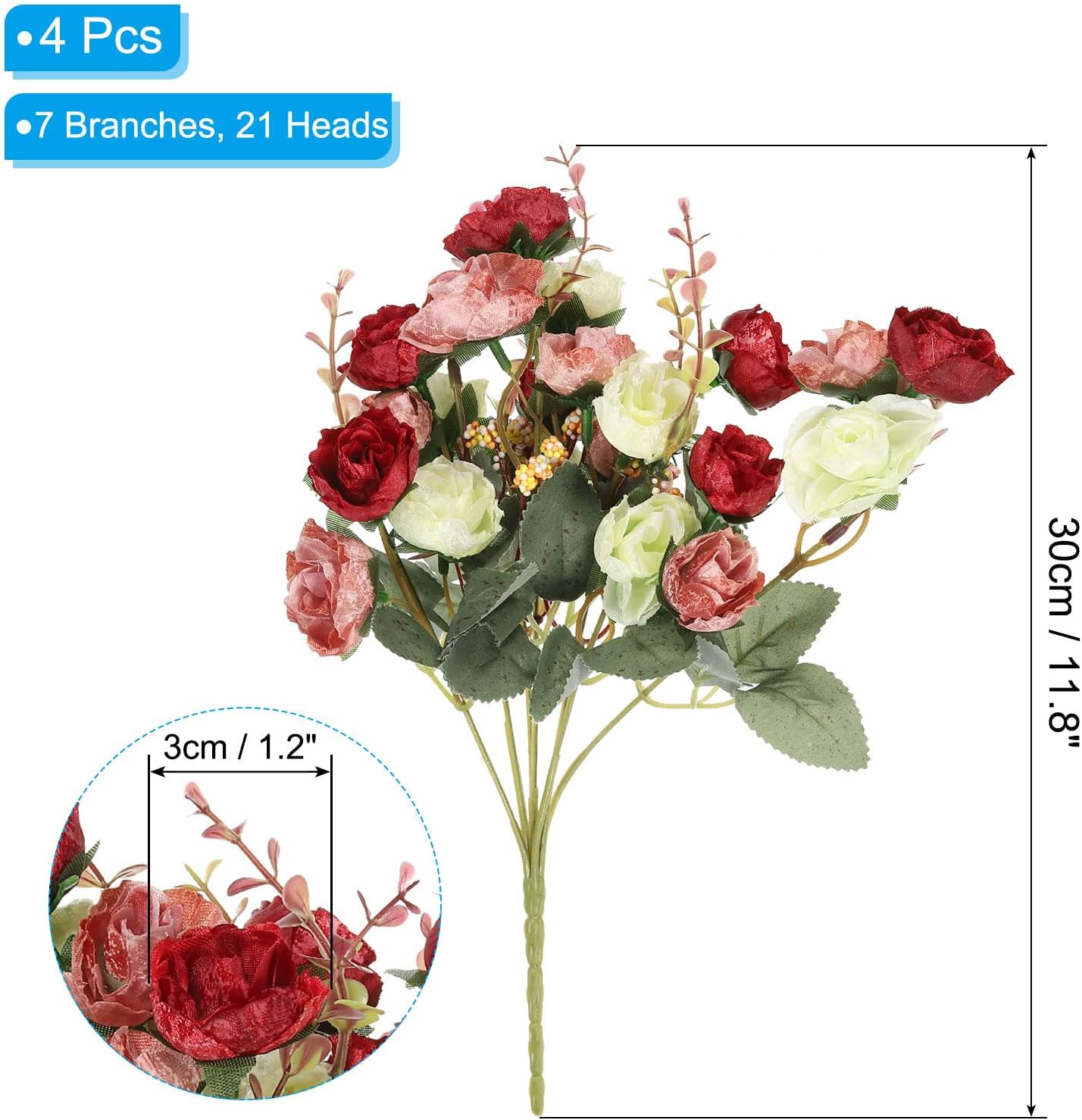 PATIKIL 7 Branch 21 Heads Artificial Silk Mini Rose with Stem, 4 Pack Fake Flowers Leaf Rose Decor Bouquet for Wedding Home Office Decoration, Red