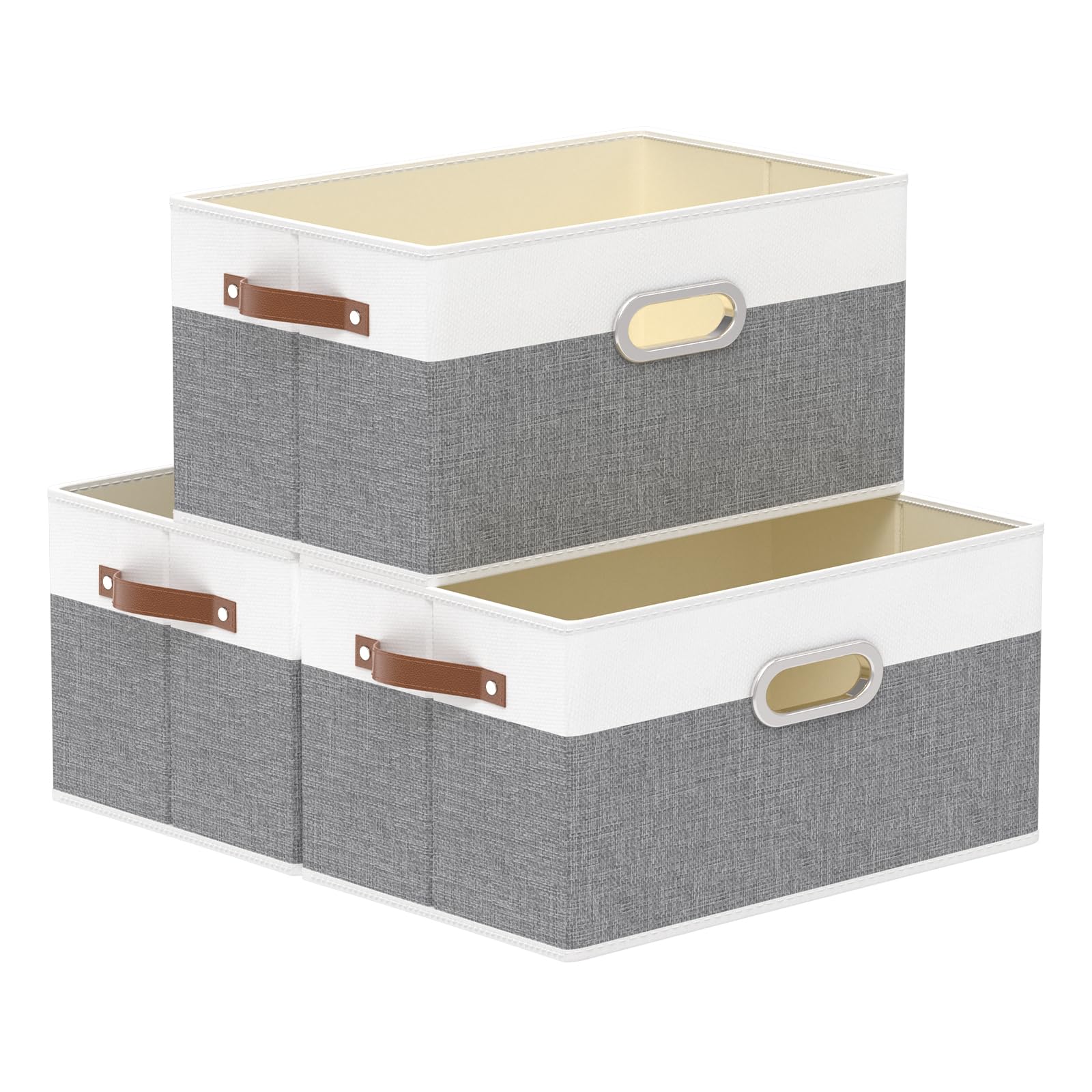 Yawinhe Boîtes de Rangement Lavable,Lot de 3 Panier Blanc/Gris,38x25x21cm | Sans Couvercle Boîte de Pliables;Coffre avec Plaques en PP; Lavable Rangement Tissu avec poignées en cuir pour Vêtements