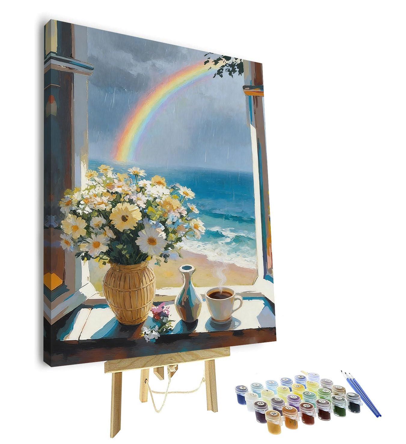 TISHIRON Paint by Numbers Kit for Adults, Adult Paint by Number - Window View with Flowers in Vase, Coffee Cup & Ocean, Coastal Decor Framed Canvas Art(16x20 Inch)