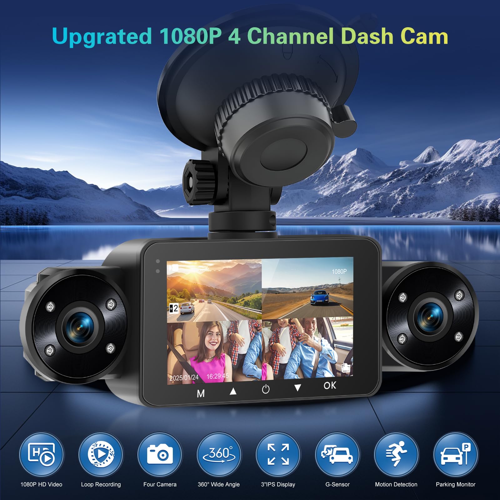Dash CAM Delantera y Trasera en El Interior, Dash CAM de 4 Canales Pantalla IPS de 3" Delantera y Trasera con Sensor-G, Estacionamiento Las 24H, Visión Nocturna, Grabación en Bucle +Tarjeta de 64 GB