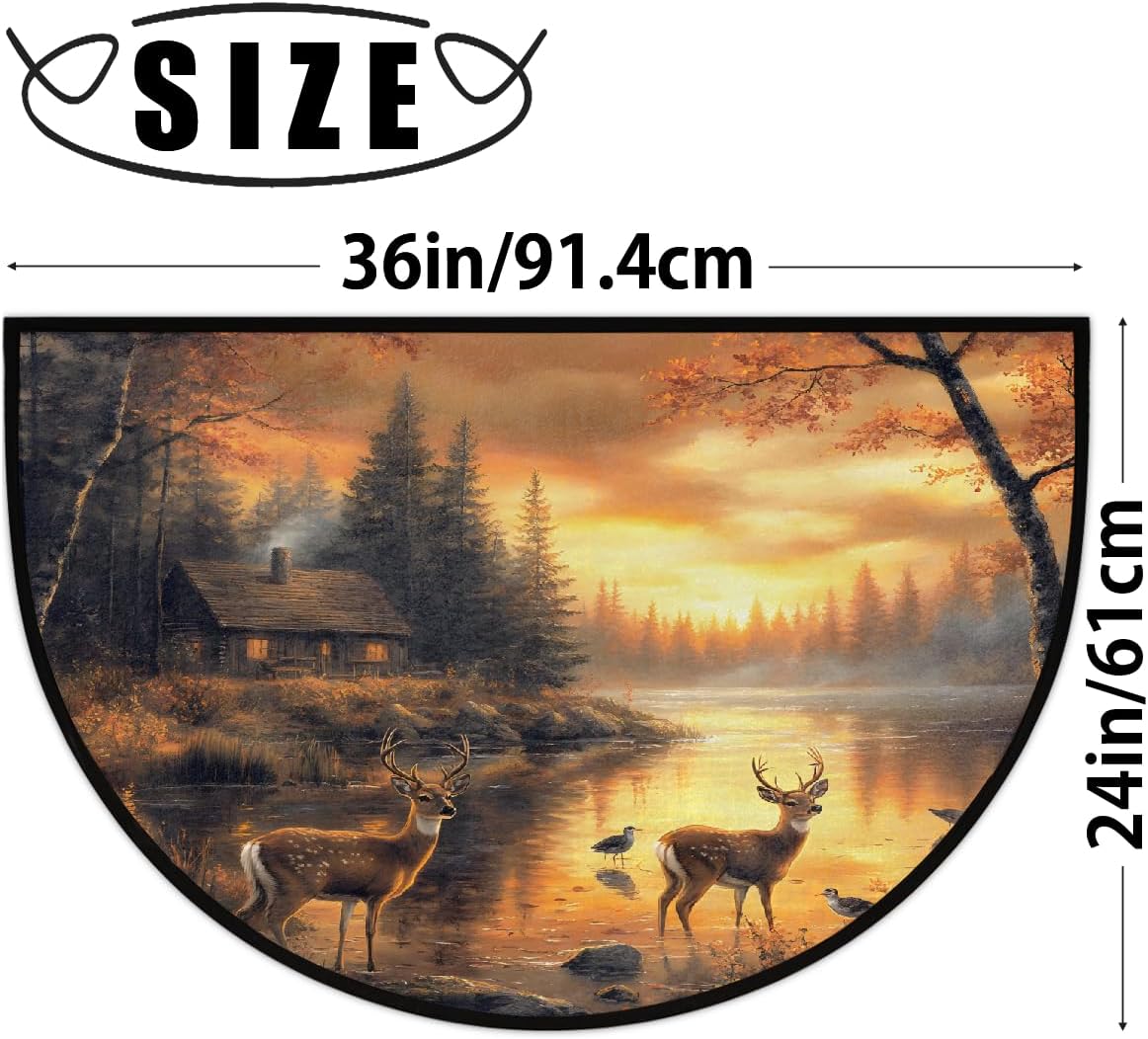 Half Round Door Mat Sunset Fall Deer Non Slip Absorbent Semi Circle Area Rugs Washable Half Moon Floor Mats for Indoor Outdoor Patio Kitchen Bathroom Entryway Fireplace Home Carpet Decor