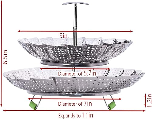 Vista 7 de LHS Cesta de vapor, doble capa de acero inoxidable para cocinar verduras y mariscos, expandible para adaptarse a ollas de varios tamaños