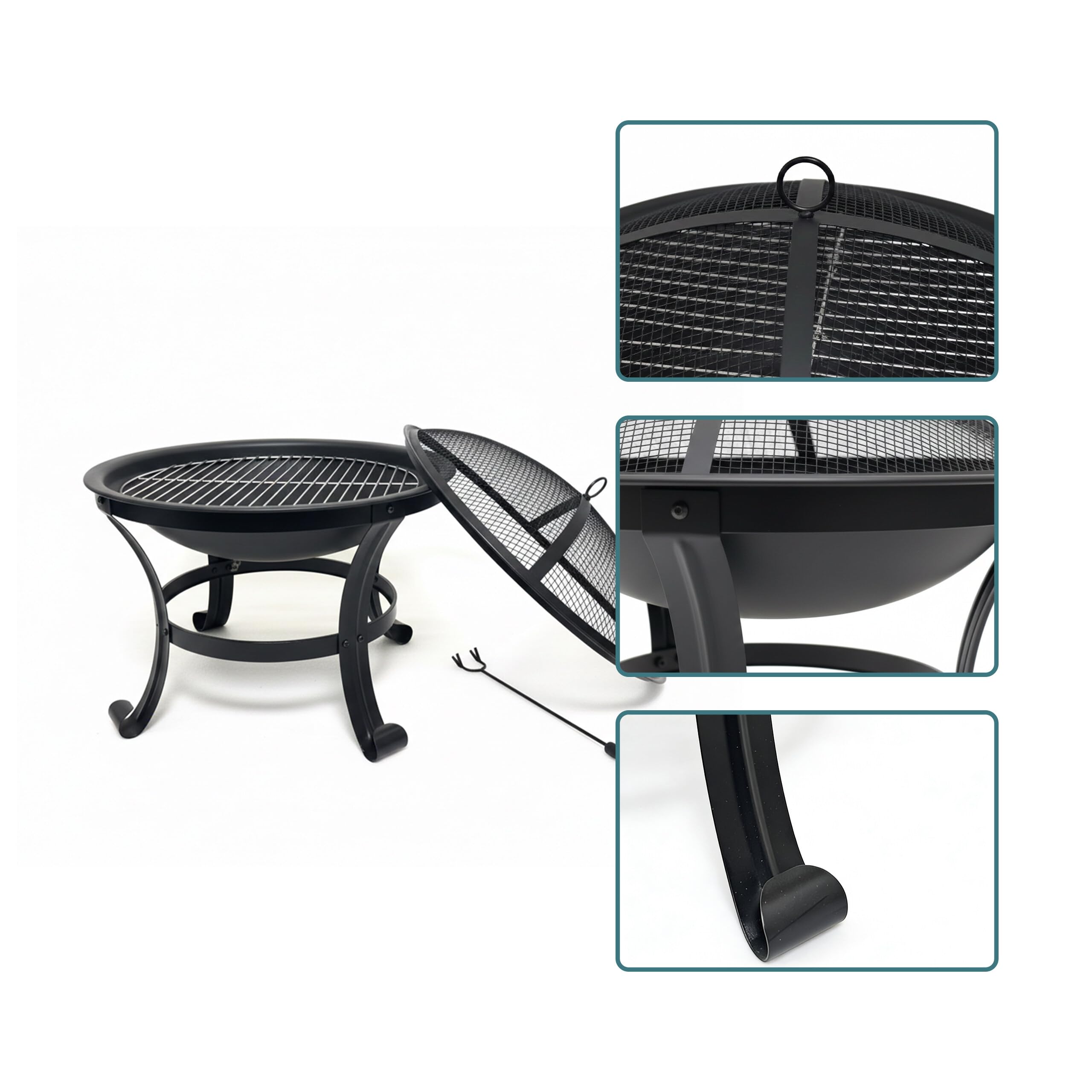 Relaxdays Feuerschale, Ø Schale 55 cm, mit Grillrost, Funkenschutz, Schürhaken, Stahl, Feuerstelle Garten, schwarz - 5