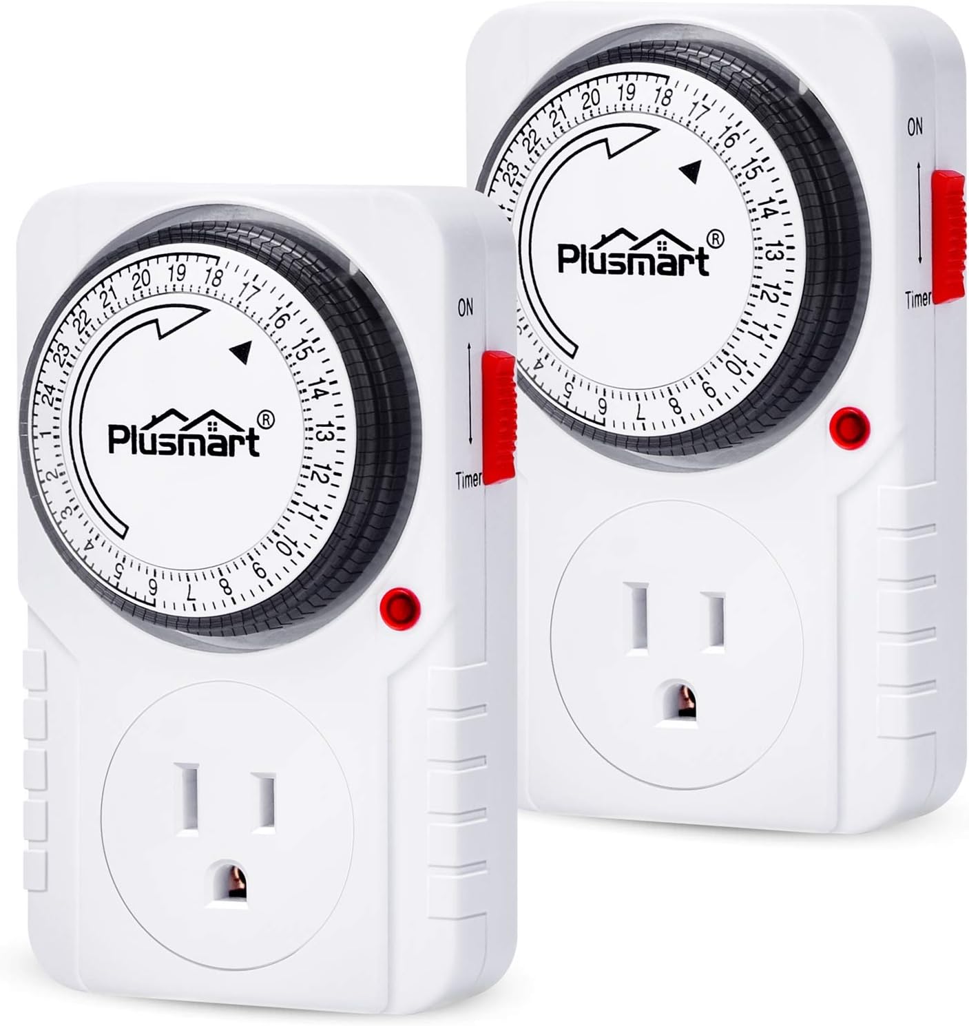 PlusMart 24 Hours Mechanical Timer Plug in 3-prong Grounded Timer Outlet, for Lights, Fans, Electical outlets, 2-pack, ETL listed