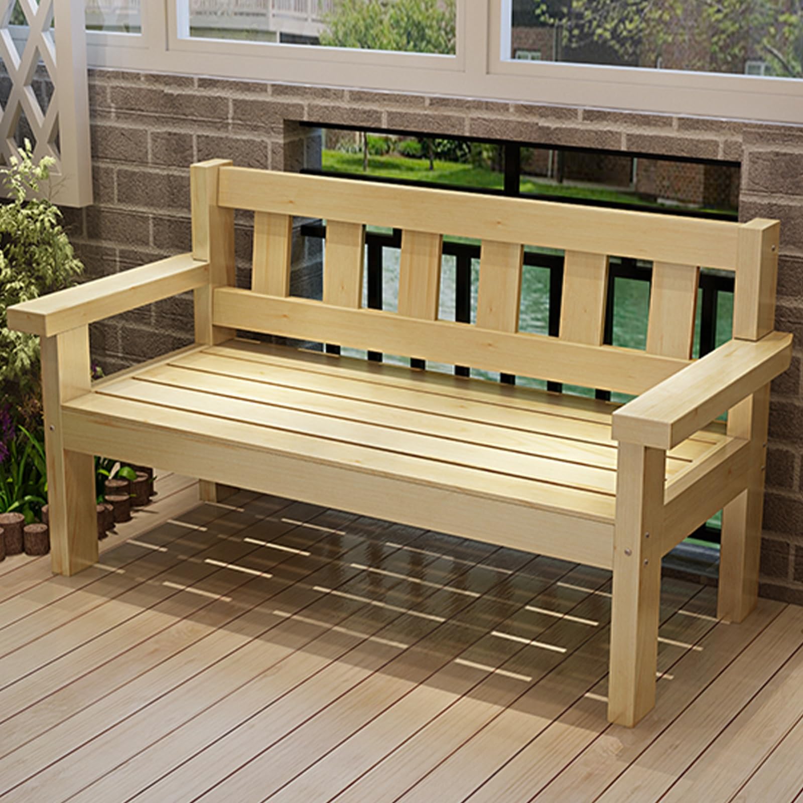Bench park en bois naturel au design soigné avec larges accoudoirs