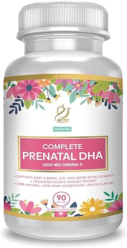 ACTIF DHA prenatal completo con 1500 mg de omega-3, 100% DHA orgánico, EPA - Sin OMG, 90 unidades