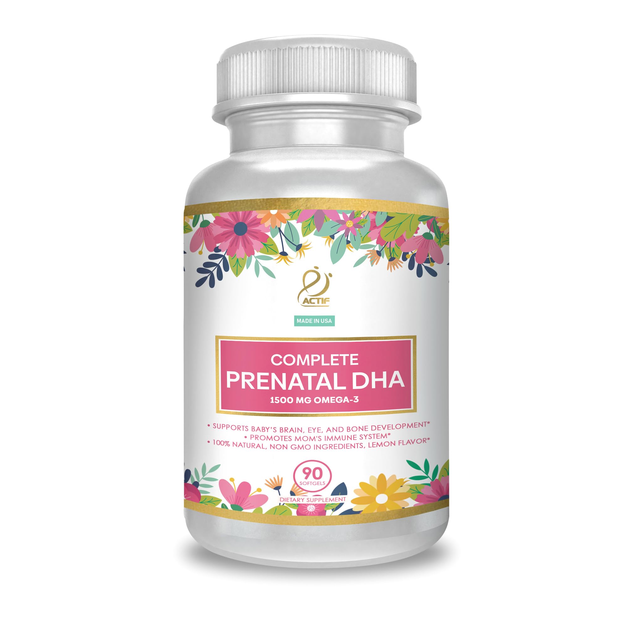 ACTIF Complete Prenatal DHA with 1500mg Omega-3, 100% Natural, Organic DHA, EPA – Non-GMO, 90 Count