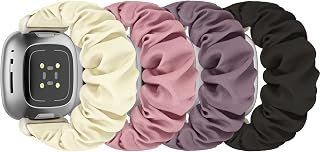 Scrunchie Bands Compatible with Fitbit Sense/Sense 2 / Versa 3 / Versa 4 for Women, 4 Pack Elastic Nylon Scrunchy Replacement Strap Soft Stretchy Wristband for Fitbit Versa 3 Smart Watch