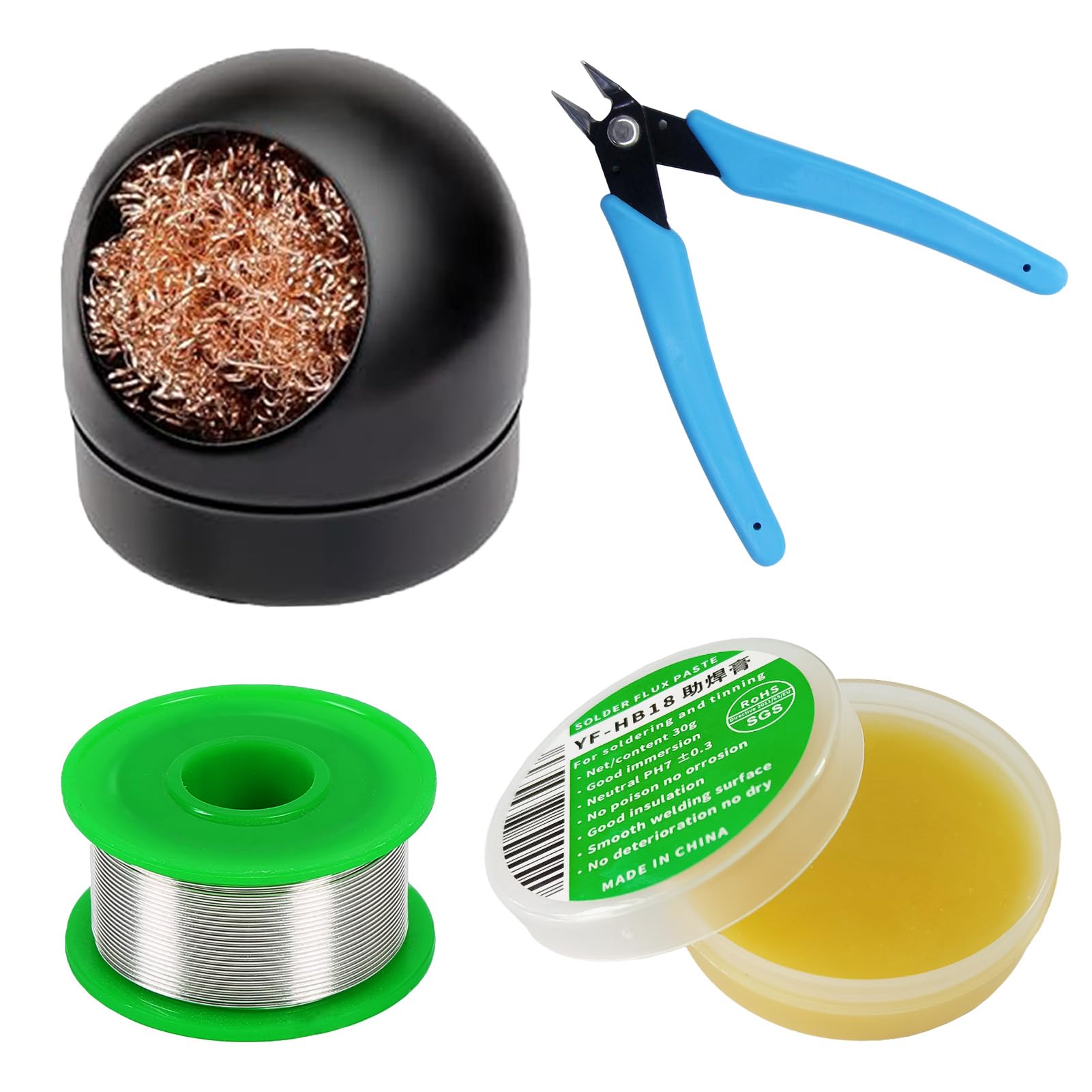 Lötflussmittelpaste, Lötkolbenspitzenreiniger, Bleifreier Lötdraht, Micro-Shear-Drahtschneiderzange, 4-teiliges Lötwerkzeugset, Lötflusspaste, Lötkolben Hilfszubehör DIY Kit